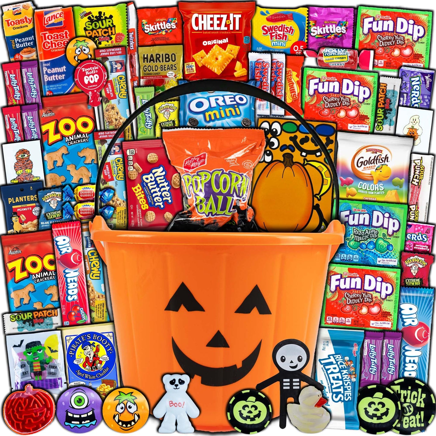 Halloween Candy Pumpkin Bucket Gift (50Ct) Snacks Box Basket Candies Kids Children Mature-Themeds Cookies Food Variety Pack Bundle Mixed Bulk Sampler Girls Boys Guys Men Women Boyfriend Girlfriend College Student