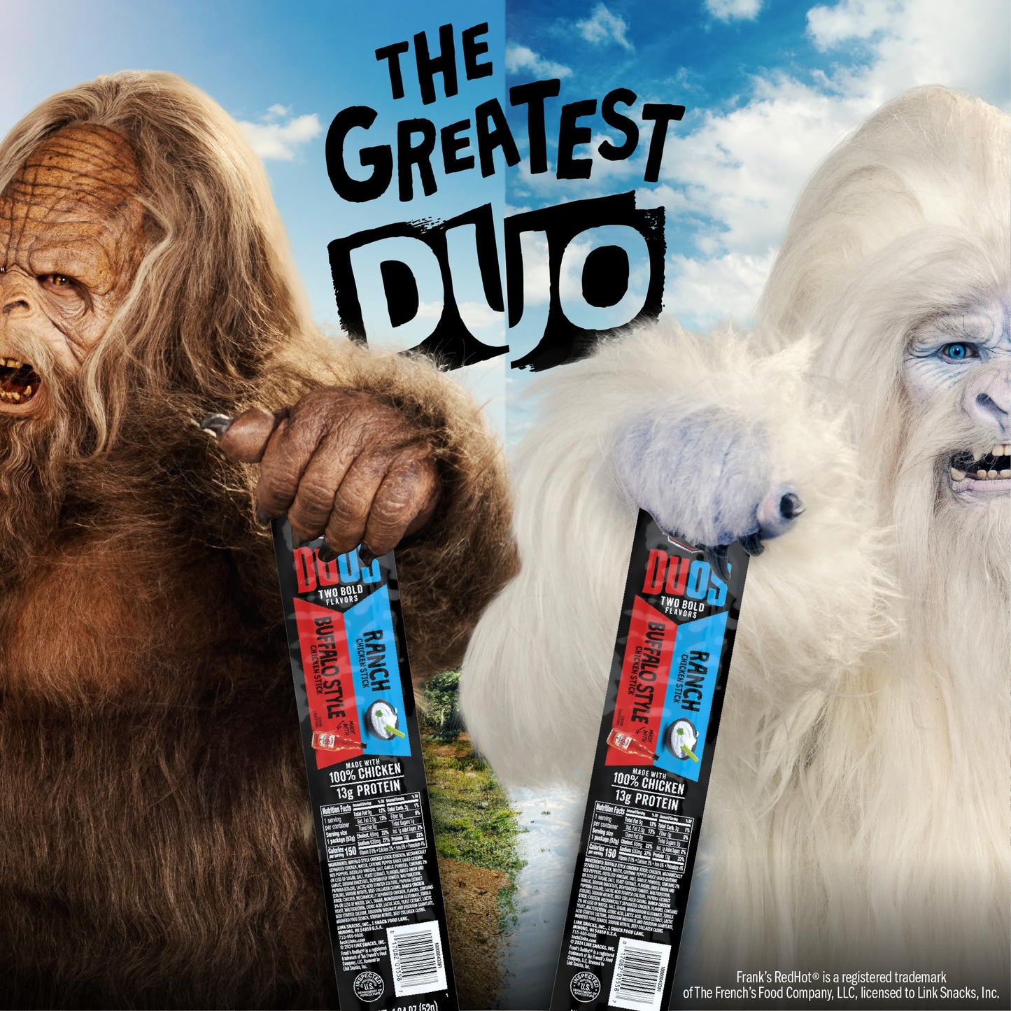 Jack Link s DUOs Chicken Jerky Meat Snack Sticks with 13g Protein - Frank s RedHot Buffalo Style With Creamy Ranch  Made with 100% Chicken  Two Flavors in One Package  1.84oz (10 Pack of 2 Sticks)
