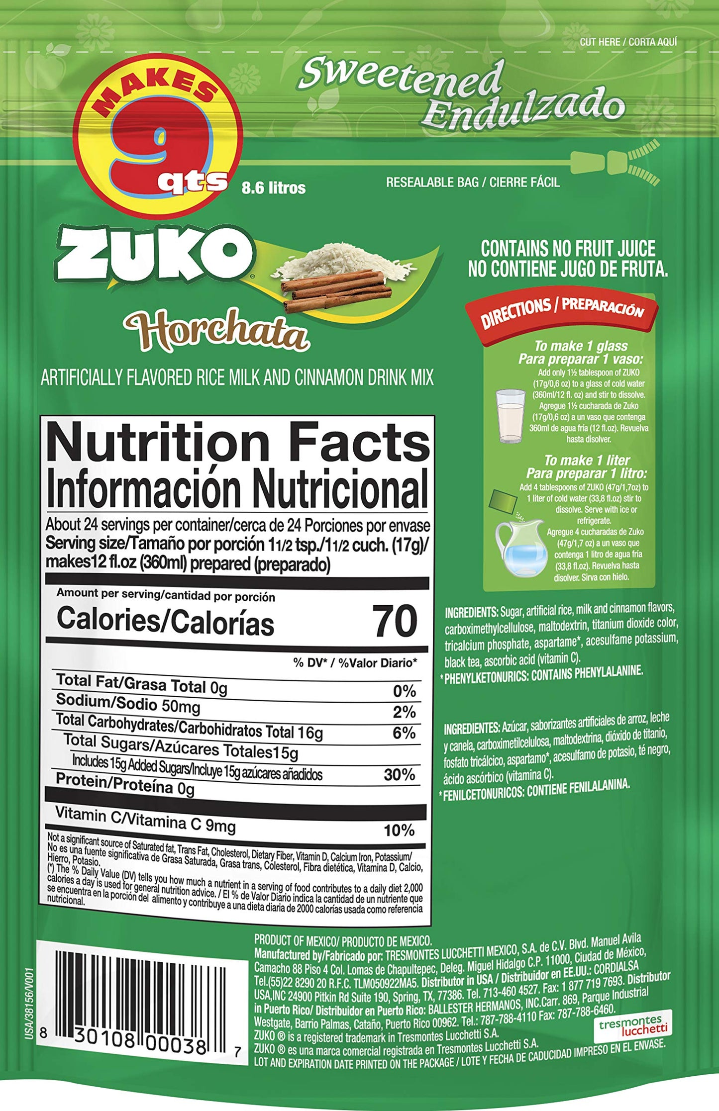 Zuko Horchata Instant Powder Drink | Family Pack | No Sugar Needed | Vitamin C | 14.1 Ounce (Pack of 2)
