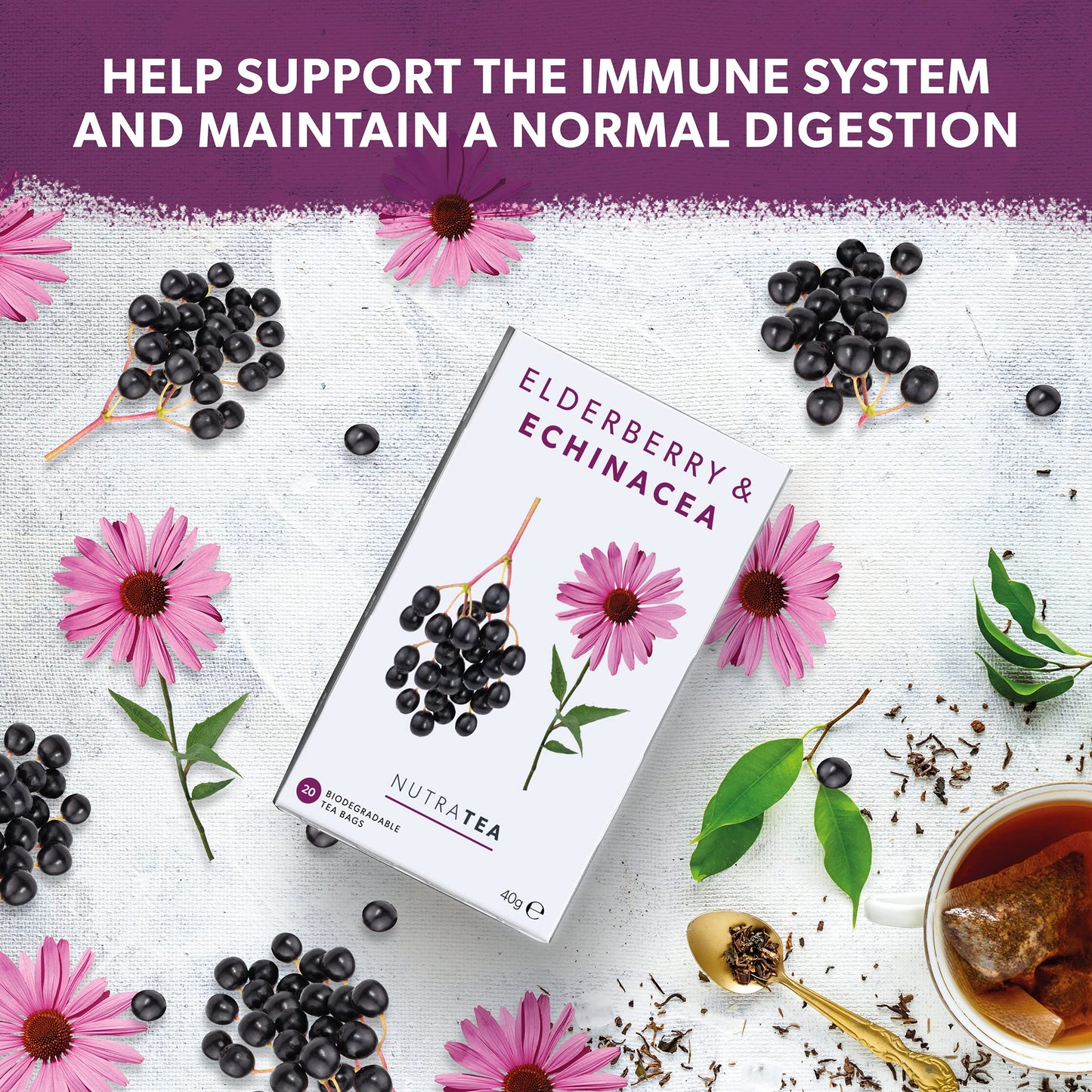 Nutra Tea - Elderberry & Echinacea Tea | Elderberry Tea - Immunity Tea | Immune Tea - 40 Tea Bags - Herbal Tea - (2 Pack)