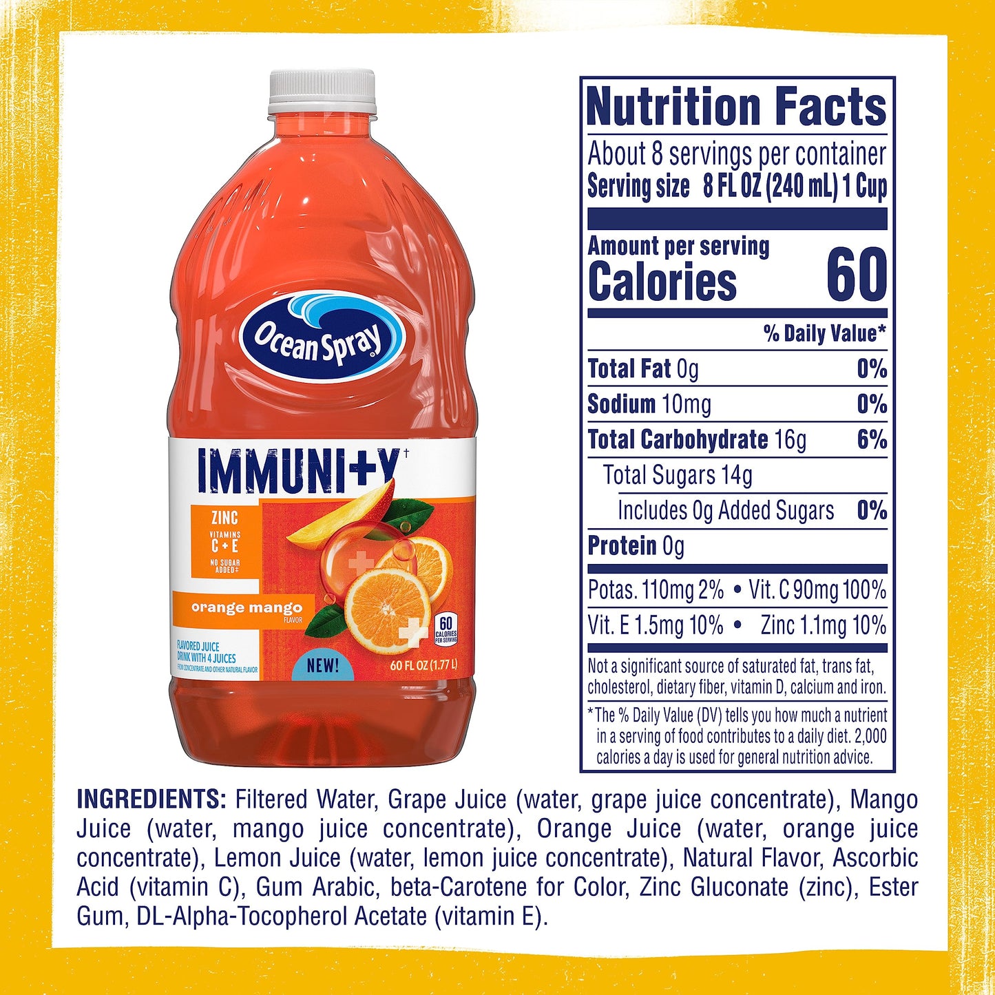 Ocean Spray Immunity Orange Mango Juice Drink, Immunity Support Beverage With Antioxidants Vitamin C, Vitamin E And Zinc, 60 Fl