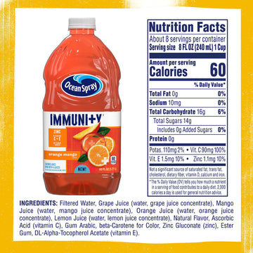 Ocean Spray Immunity Orange Mango Juice Drink, Immunity Support Beverage With Antioxidants Vitamin C, Vitamin E And Zinc, 60 Fl