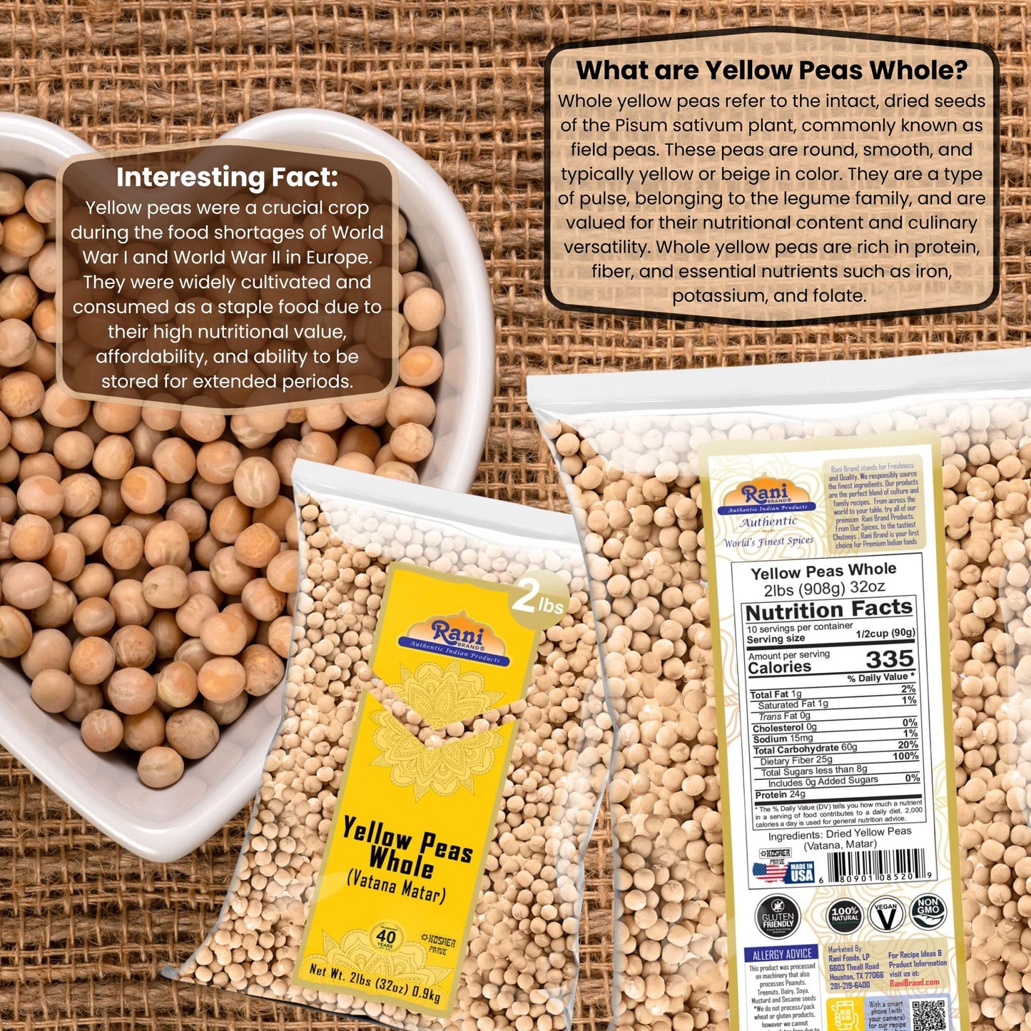 Rani Yellow Peas Whole, Dried (Vatana, Matar) 32Oz (2Lbs) 908G ~ All Natural | Vegan | Gluten Friendly | Product Of Usa