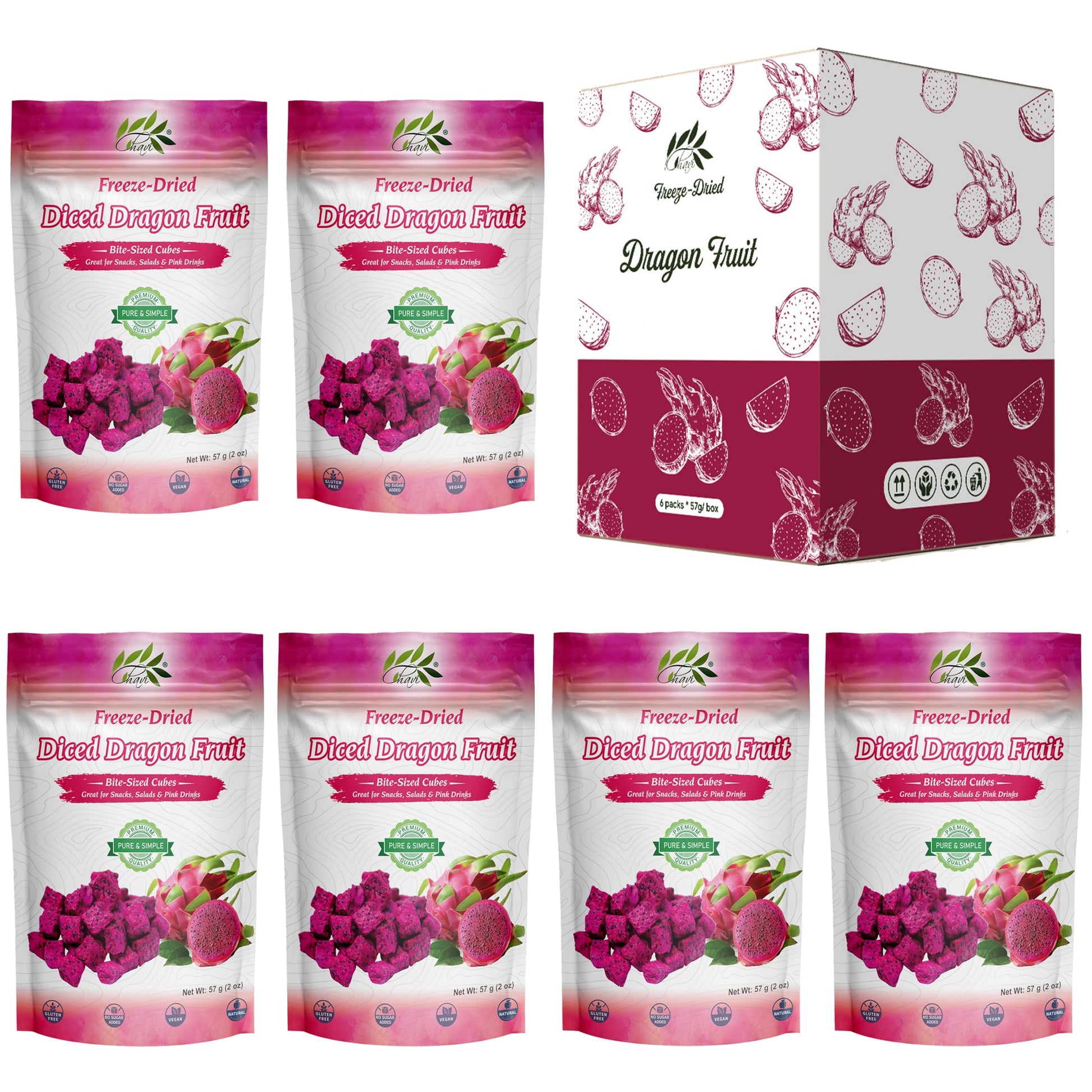 CHAVI Freeze-Dried Diced Dragon Fruit Snack - Non-GMO, Vegan, Gluten-Free - 12 oz (6 x 2 oz Pack)