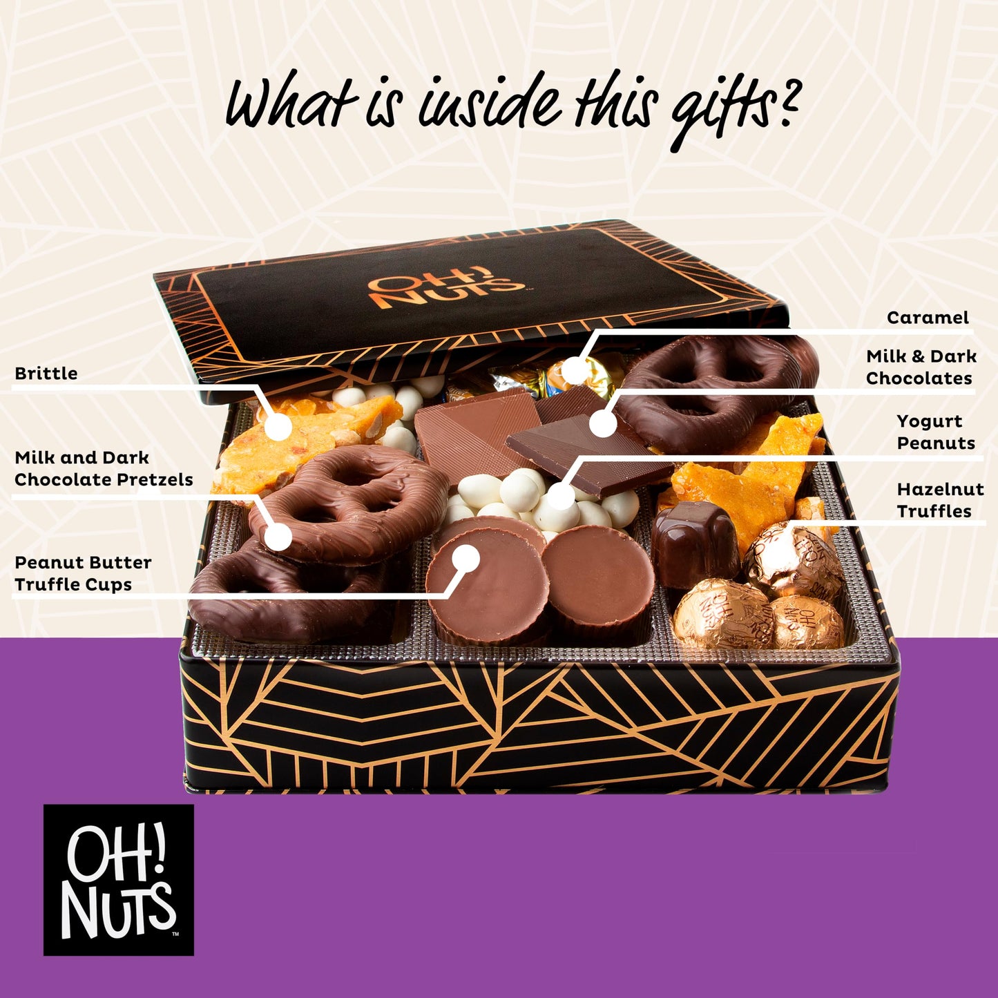 Oh! Nuts Chocolate Gift Basket - Gourmet Assorted Chocolates - 6 Section Metal Tin - Square - 1 Count