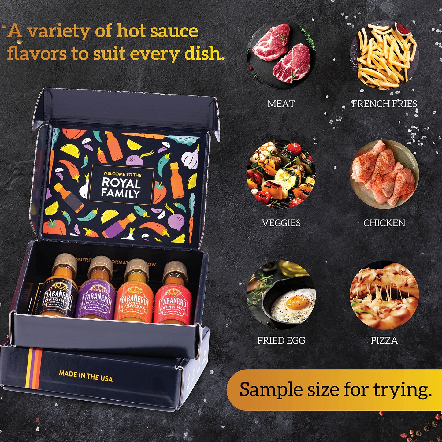 Taba?ro Mini Hot Sauce Gift Set, 4 Pack, Kit Includes Original, Extra Hot, Spicy Agave, Curry Habanero, 1.7 oz Mini Glass Bottle