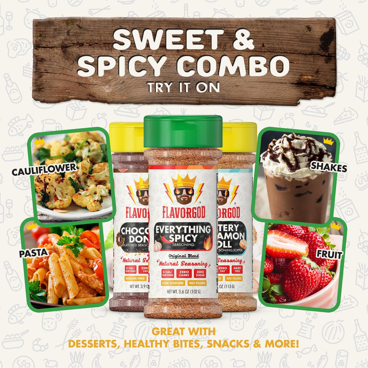 Flavor God Sweet & Spicy Combo Pack - 3 All Natural Spice Blends - Large Size - Perfect for Seasoning and Toppers