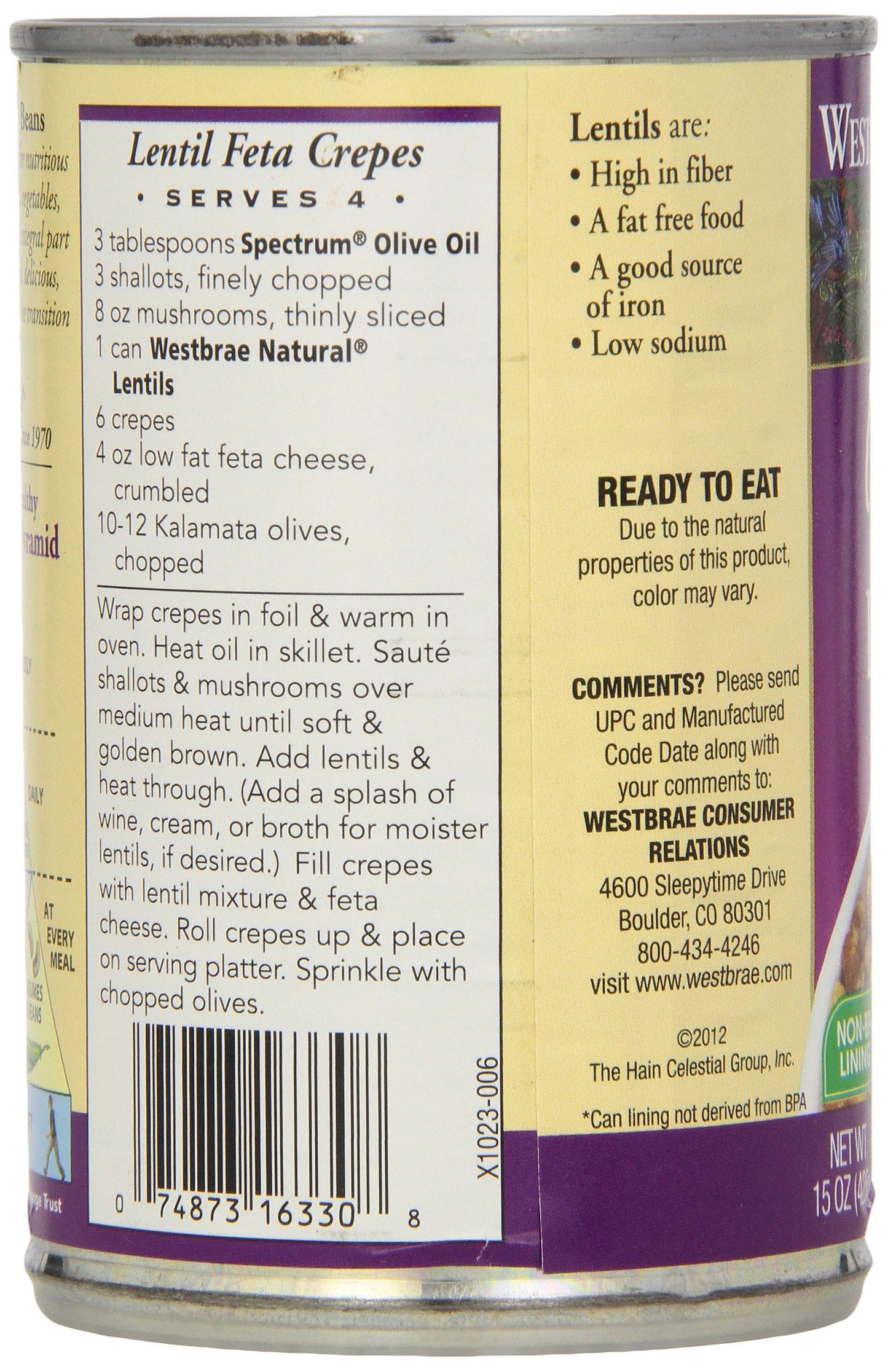 Westbrae Foods Lentil Beans Fat Free (12X15 Oz)
