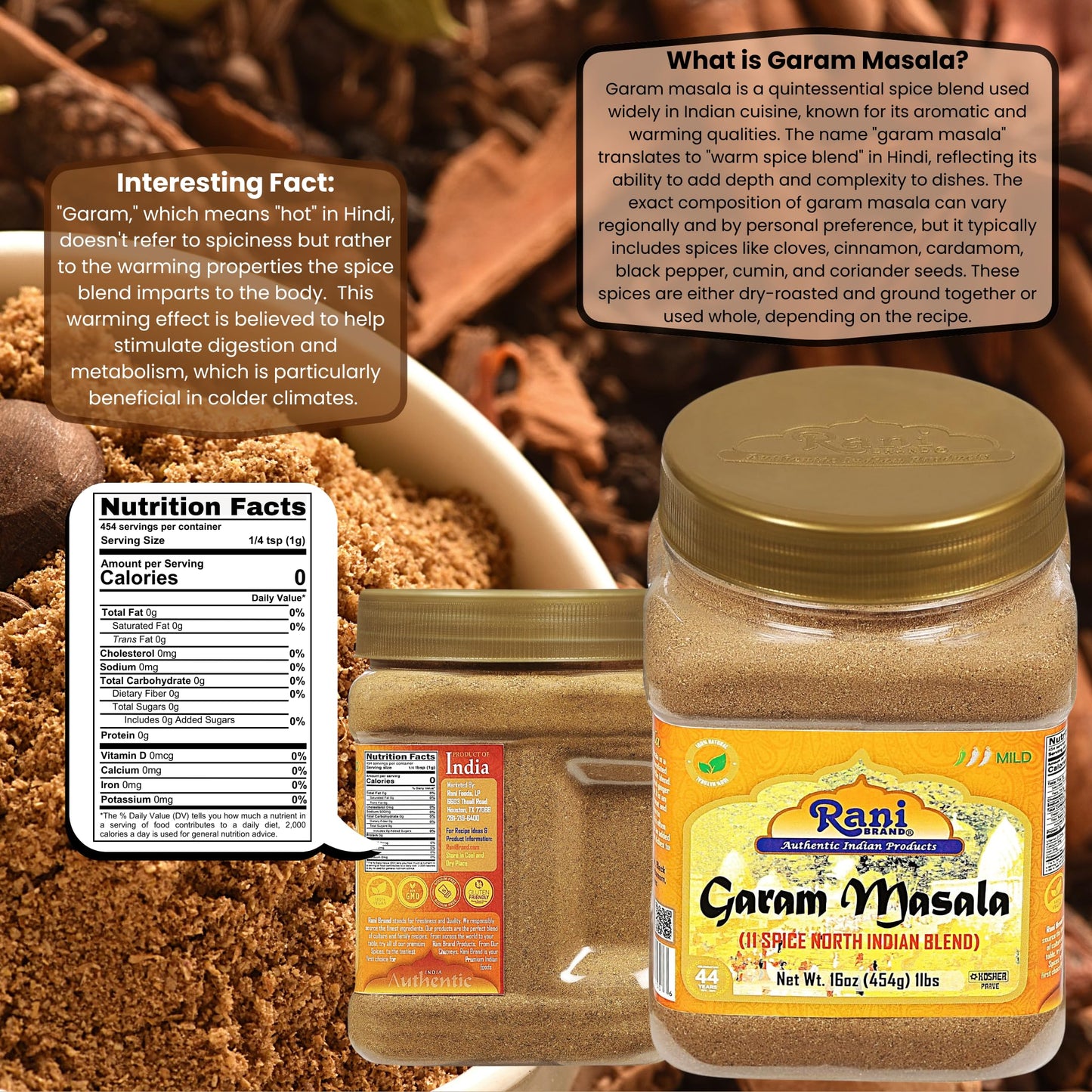 Rani Garam Masala 11-Spice Blend, All Natural, Vegan, Gluten Friendly, 16oz (1lb) PET Jar