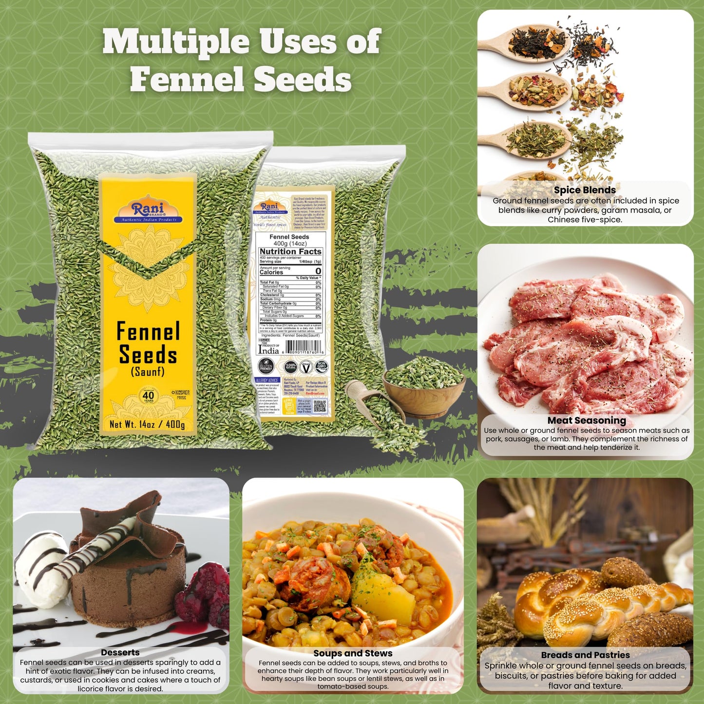 Rani Fennel Seeds (Saunf Sabut) Whole Spice 14Oz (400G) All Natural Gluten Friendly Non-Gmo Vegan Indian Origin
