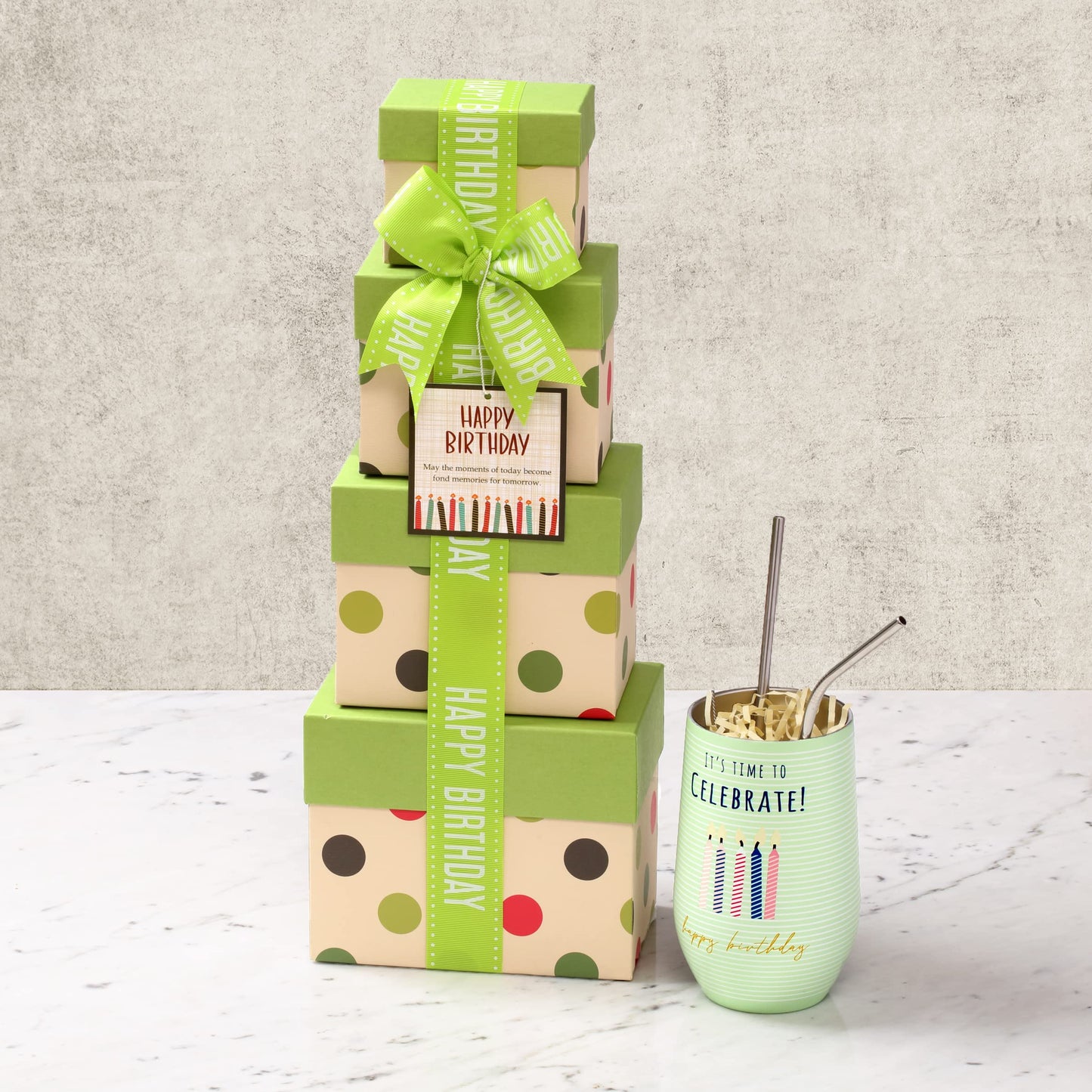 Broadway Basketeers Birthday Gift Basket Tower With Large 16Oz. Insulated Gift Mug.Share Fun With Happy Birthday Gift Tower Filled With Chocolates, Sweets & Truffle Cocoa.Perfect For Mom,Dad & Friends