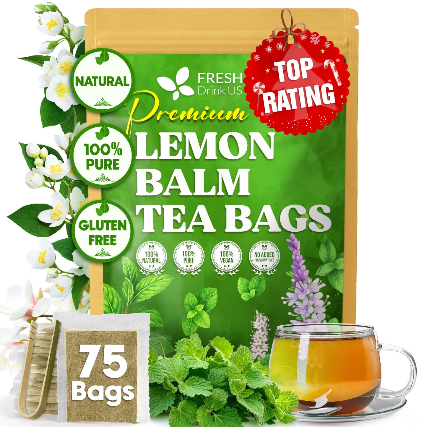 Freshdrinkus  Lemon Balm Tea Bags | 75 Count |100% Pure Melissa Officinalis - Naturally Calming Herbal Tea | Energy Blend-Free  Top-Grade Quality  Refreshing Flavor  Sustainably Sourced