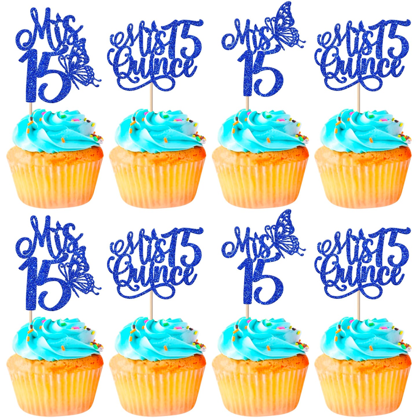 Rsstarxi Cupcake Toppers 24 Pack for 15th Birthday, Deep Blue Design