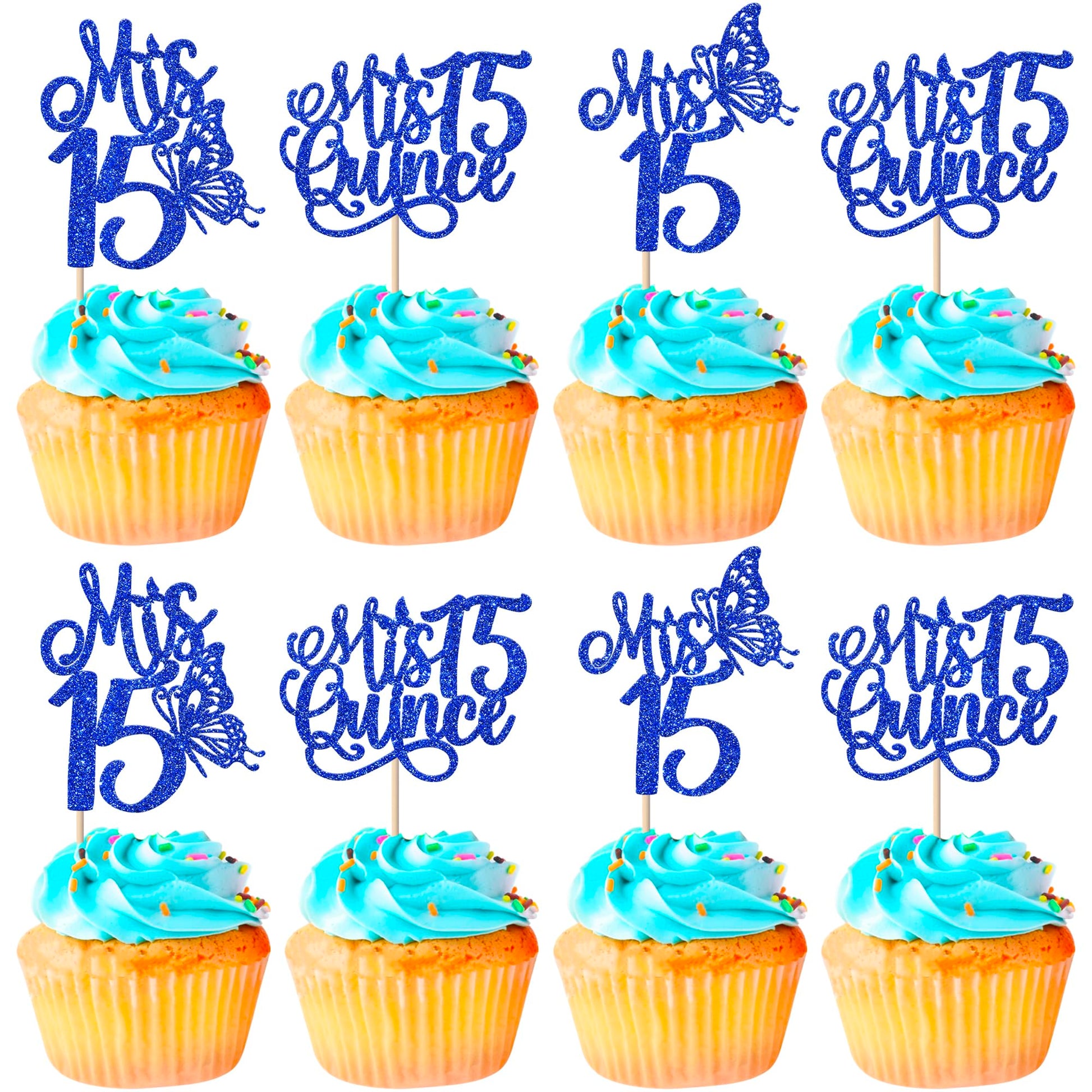 Rsstarxi Cupcake Toppers 24 Pack for 15th Birthday, Deep Blue Design
