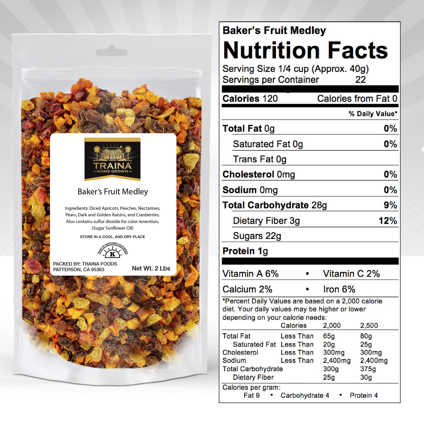 Traina Home Grown Sun Dried Bakers Fruit Medley - Diced Peaches, Cranberries, Apricots, Pears, Nectarines, and Raisins - Non GMO