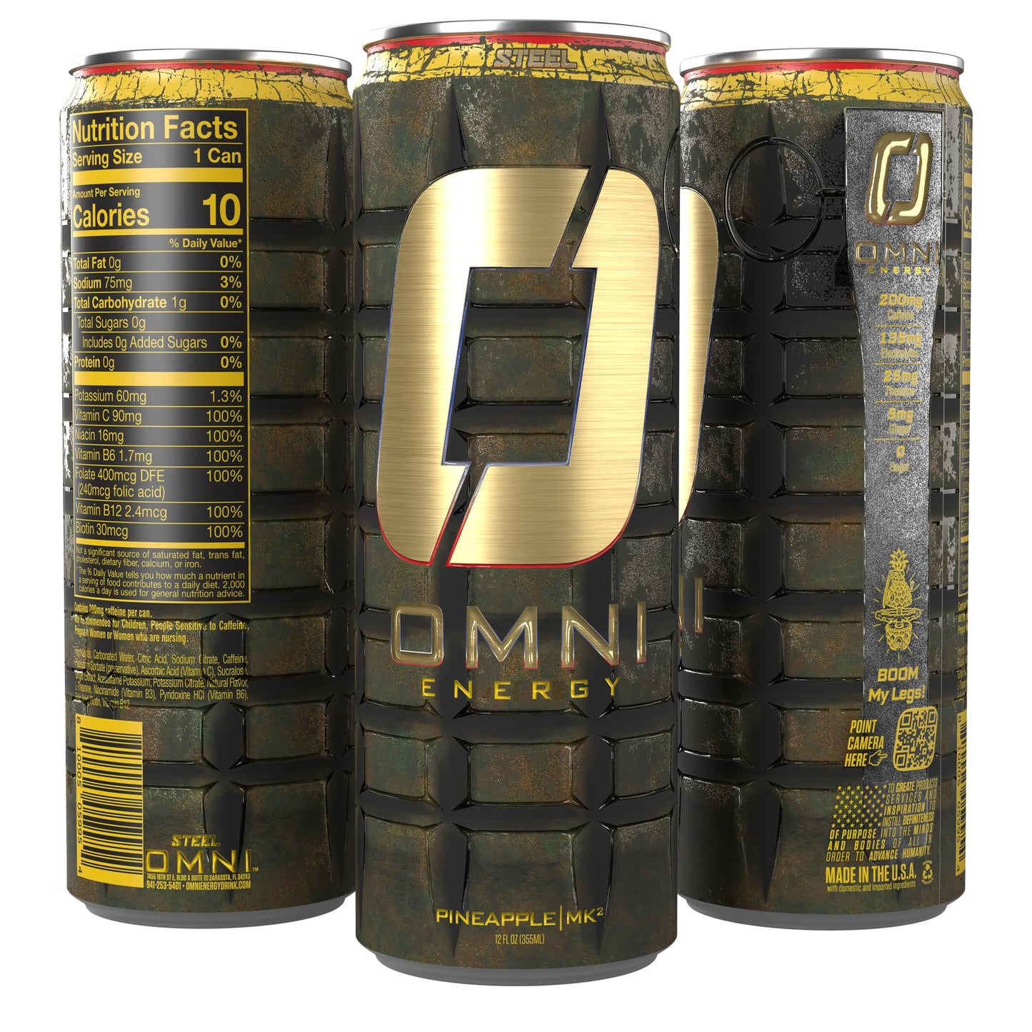 Steel dietary products OMNI Energy Drink Pineapple - Pack of 12, 200mg Caffeine, Sugar-Free, Low Calorie, 12 Oz Cans