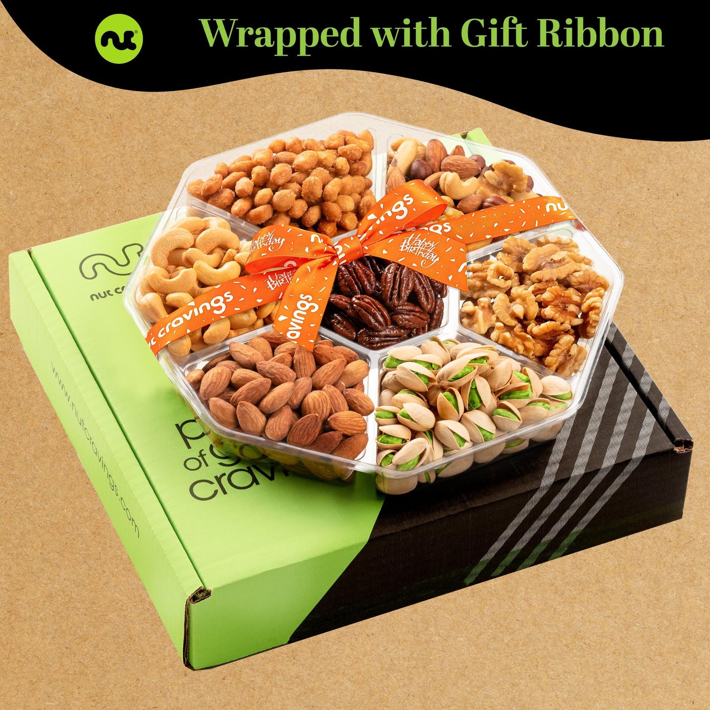 Happy Birthday Nuts Gift Basket With Happy Birthday Ribbon (7 Assortments) Gourmet Food Bouquet Platter, Bday Care Package Varie
