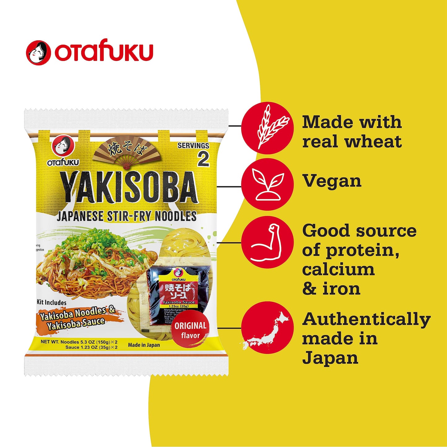 Otafuku Yakisoba Noodles Japanese Stir-Fry Ramen Noodles With Yakisoba Sauce Kit, 2 Yakisoba Ramen Servings Per Kit, Made In Jap