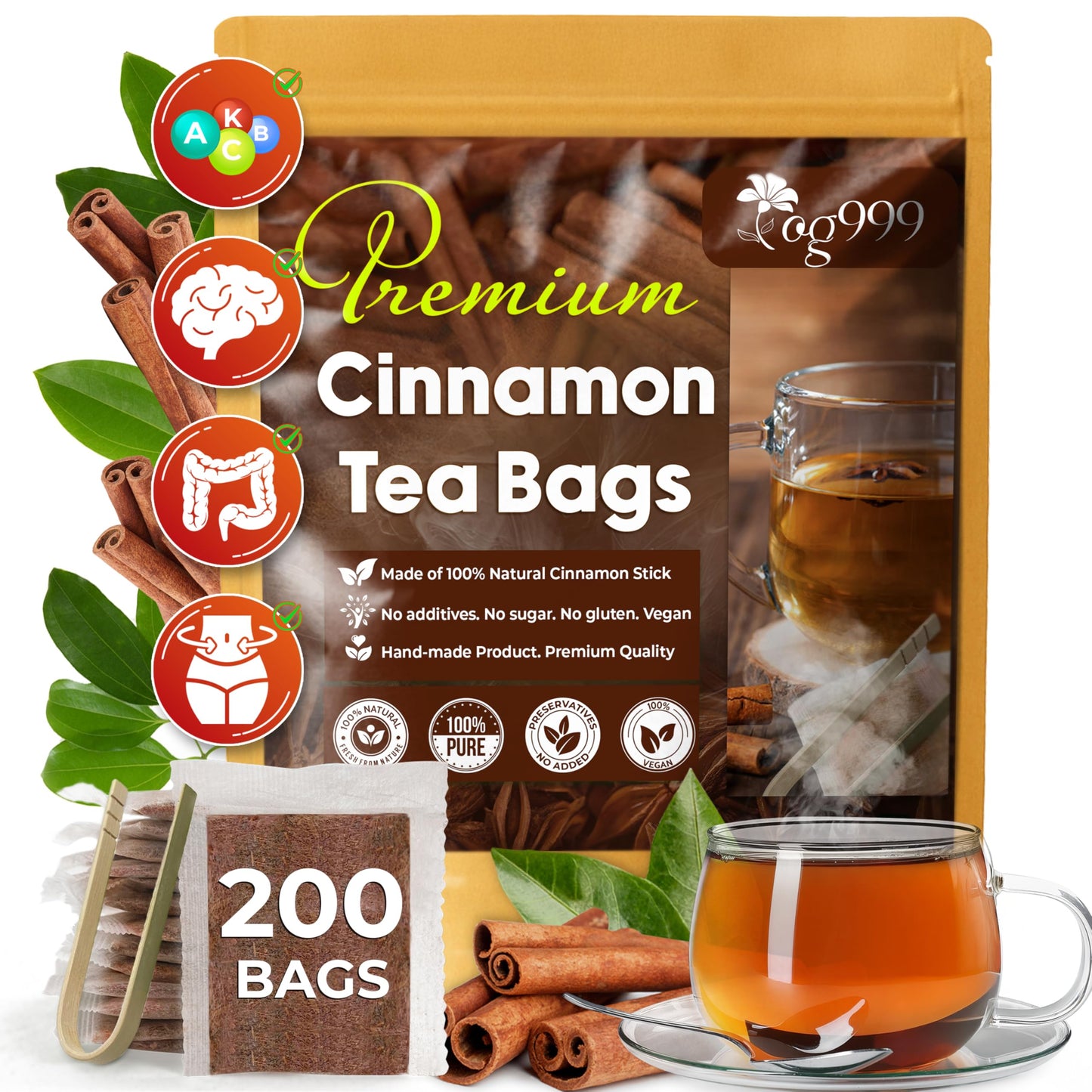 TOG999 Premium Cinnamon Tea Bags - 100% Natural Herbal Tea, 200 Bags