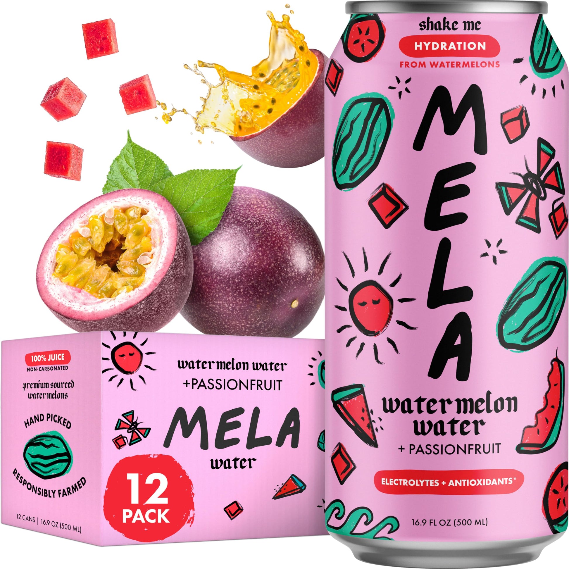 Mela Water - Hydrating Watermelon Juice Drink with Vitamin C, Electrolytes, Antioxidants, 16.9 fl oz, Pack of 12, Natural