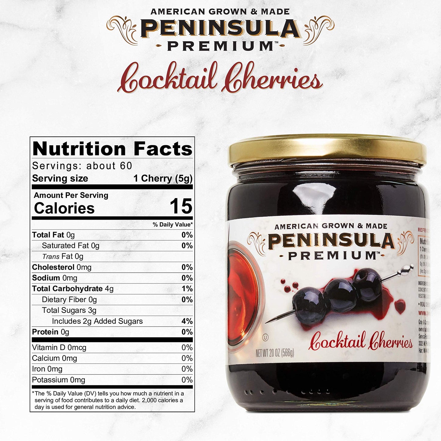 PENINSULA PREMIUM Cocktail Cherries - Gourmet, Sweet-Tart Flavor, 20 Oz, Deep Bur dy-Red, Silky Smooth Syrup