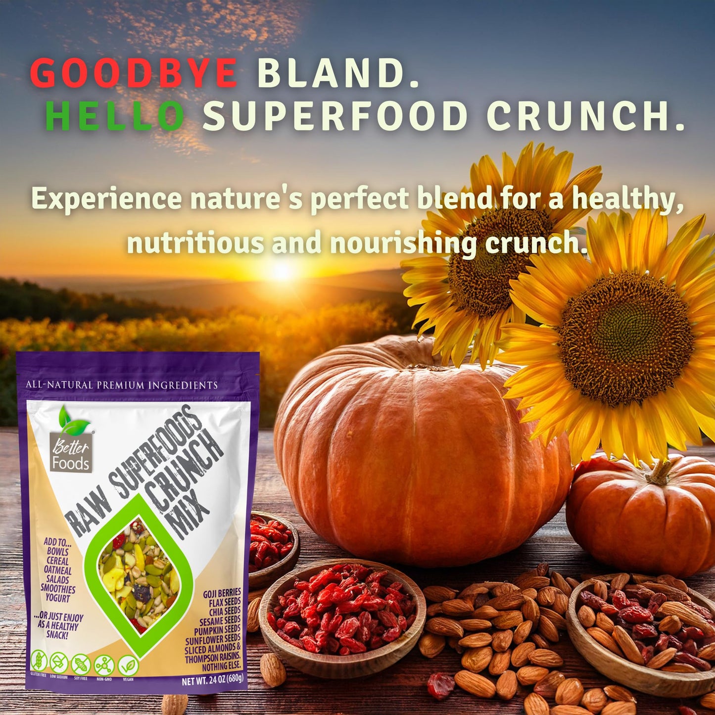BetterFoods Raw Superfoods Crunch Mix | enhanced Pumpkin  Sunflower  Flax  Chia  Sesame Seeds  Almonds  Goji Berries & Raisins Blend | 6g Protein  Vegan  Non-GMO  No Gluten/Salt/Soy | 24oz  Pack of 6