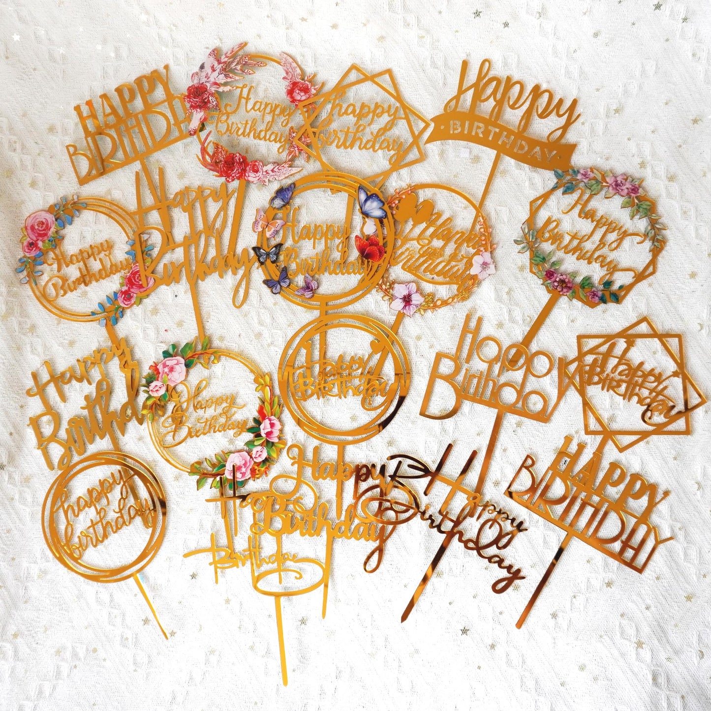 32 Pcs Gold Happy Birthday Cake Toppers Flower Acrylic Gold Birthday Cake Topper Cake Pick Decorations For Birthday Party Cake D