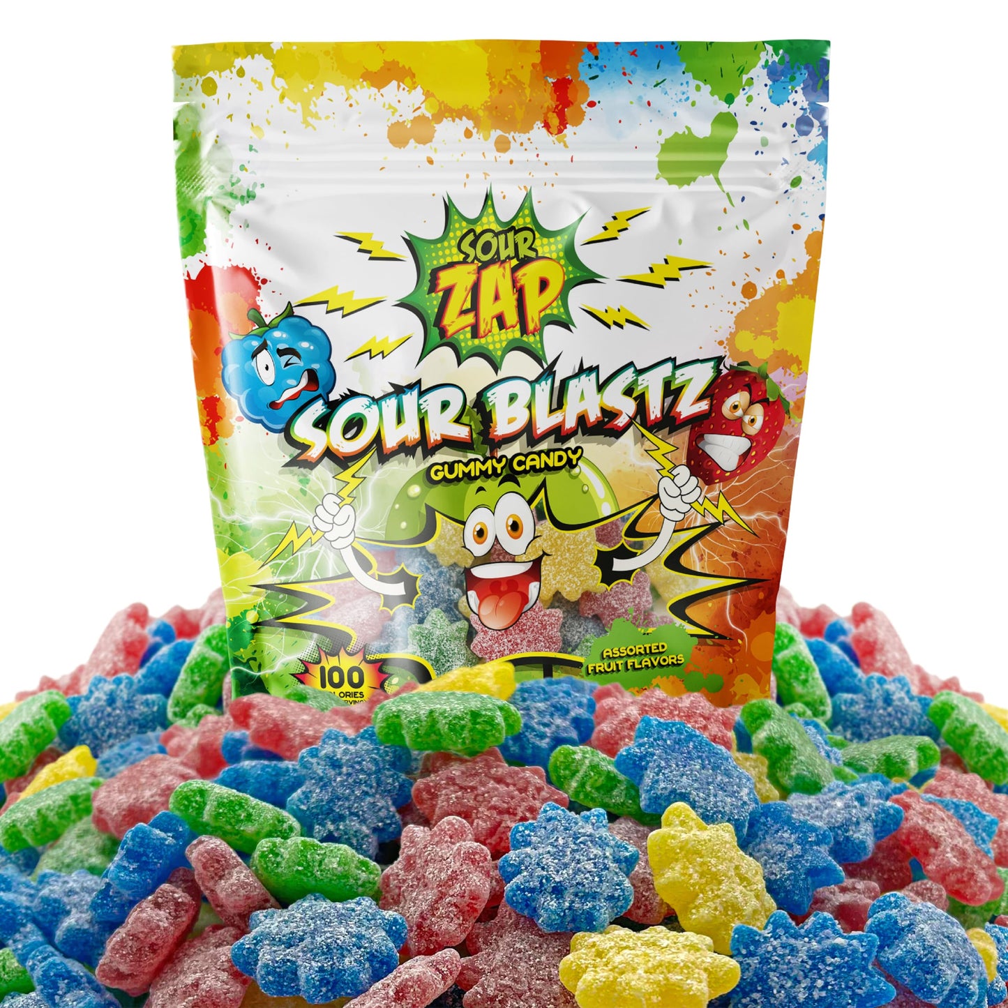 SOURZAP Sour Gummy Candy - Assorted Fruit Flavors - 8-Ounce Pack - Blue Raspberry, Tutti-Frutti, Green Apple, Strawberry