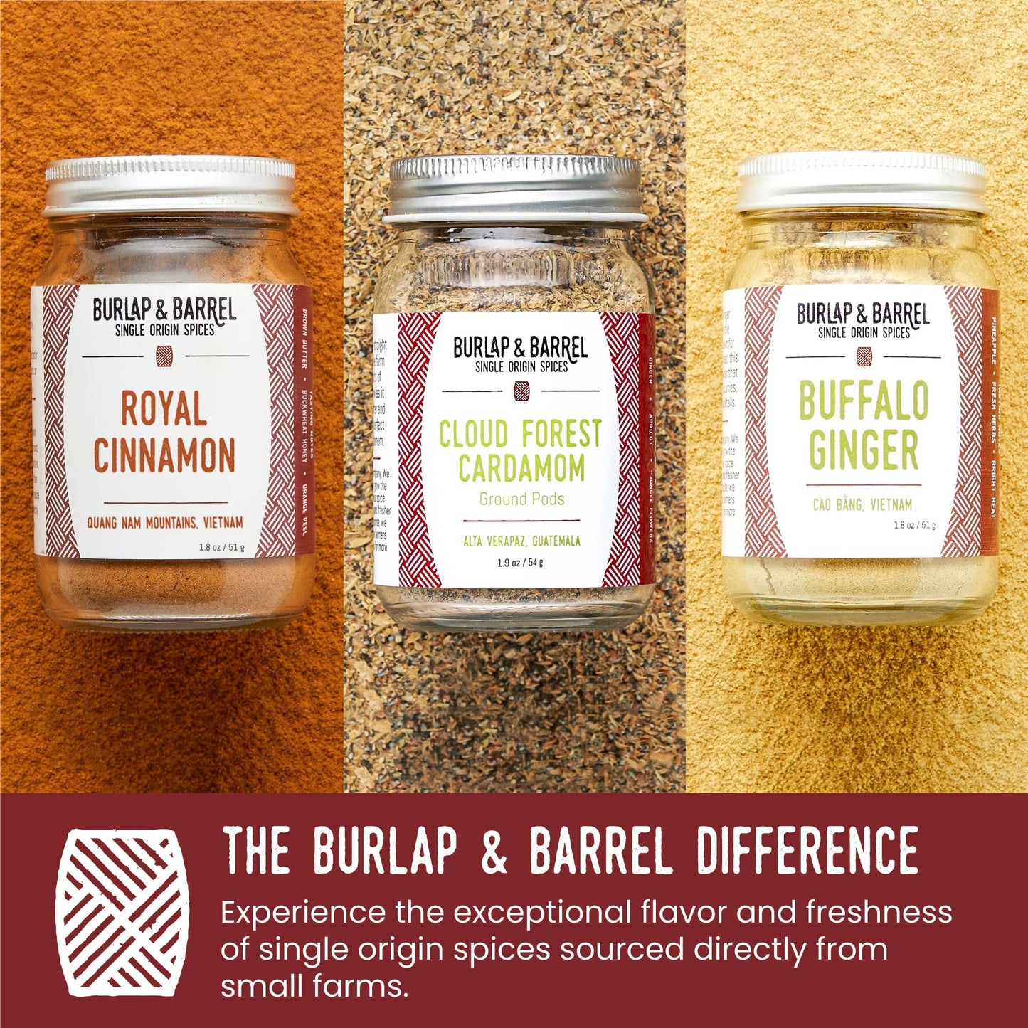 Burlap & Barrel Sweet Spice Set - 3 Full Size Jars of Cinnamon, Cardamom, Ginger - 1.83 oz Pack of 3