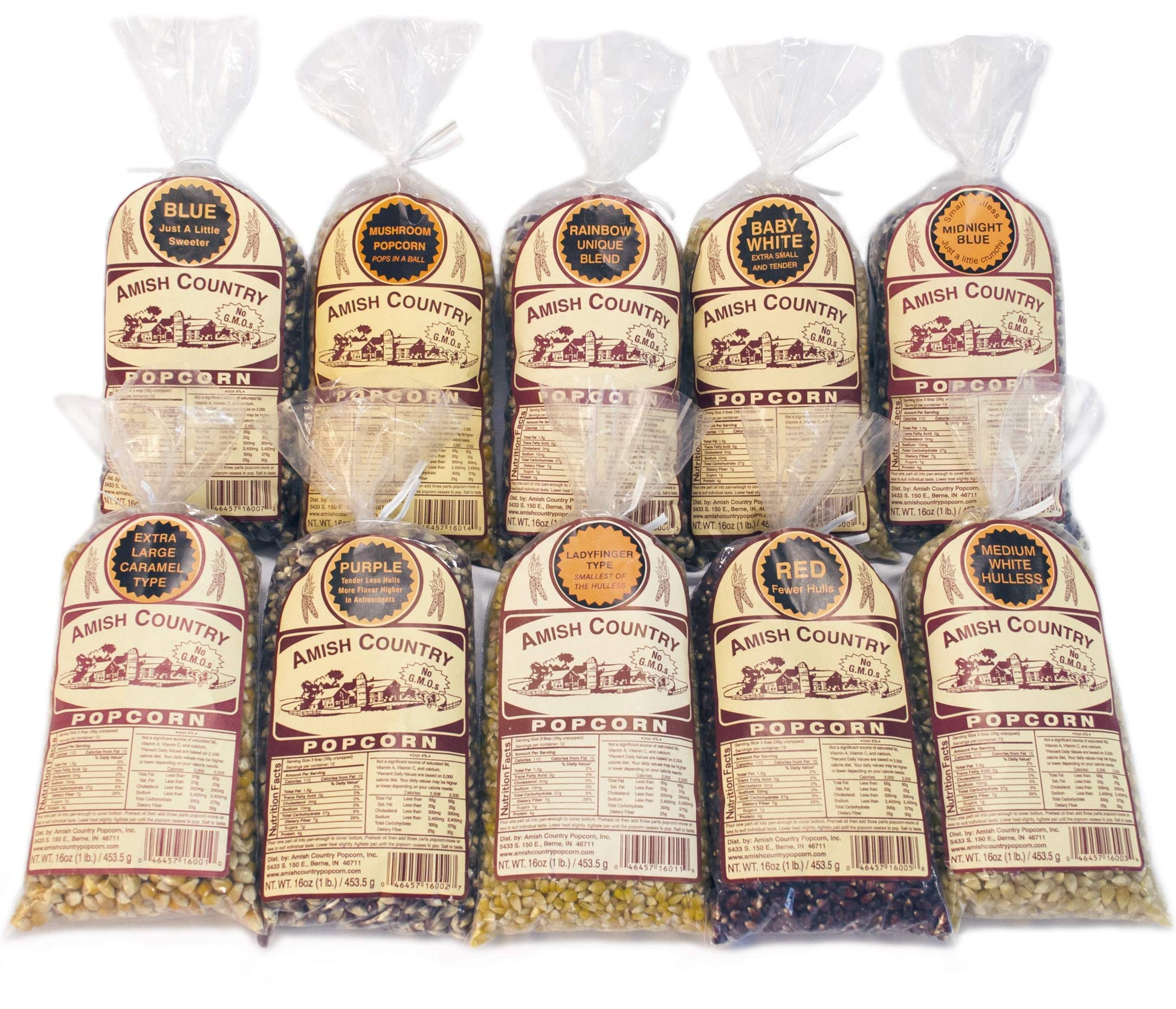 Amish Country Popcorn - 10 (1 Lb Bag) Variety Gift Set Bundle (Red, Blue, Medium White, Midnight Blue, Purple, Ladyfinger, Baby 