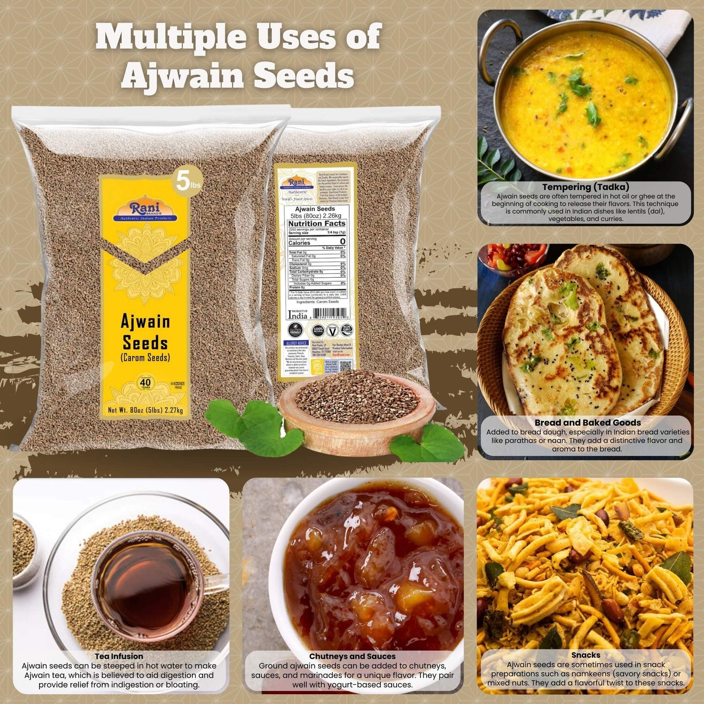 Rani Ajwain Seeds Whole - 80oz (5lbs) Bulk, All Natural, Vegan, Gluten Friendly, NON-GMO, Kosher, Indian Origin