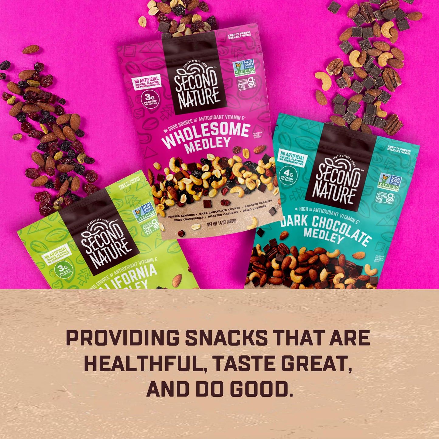 Second Nature California Medley Trail Mix, 12 oz Resealable Snack Pouches (Pack of 6) - Gluten-Free Nut Snack for On-the-Go Energy