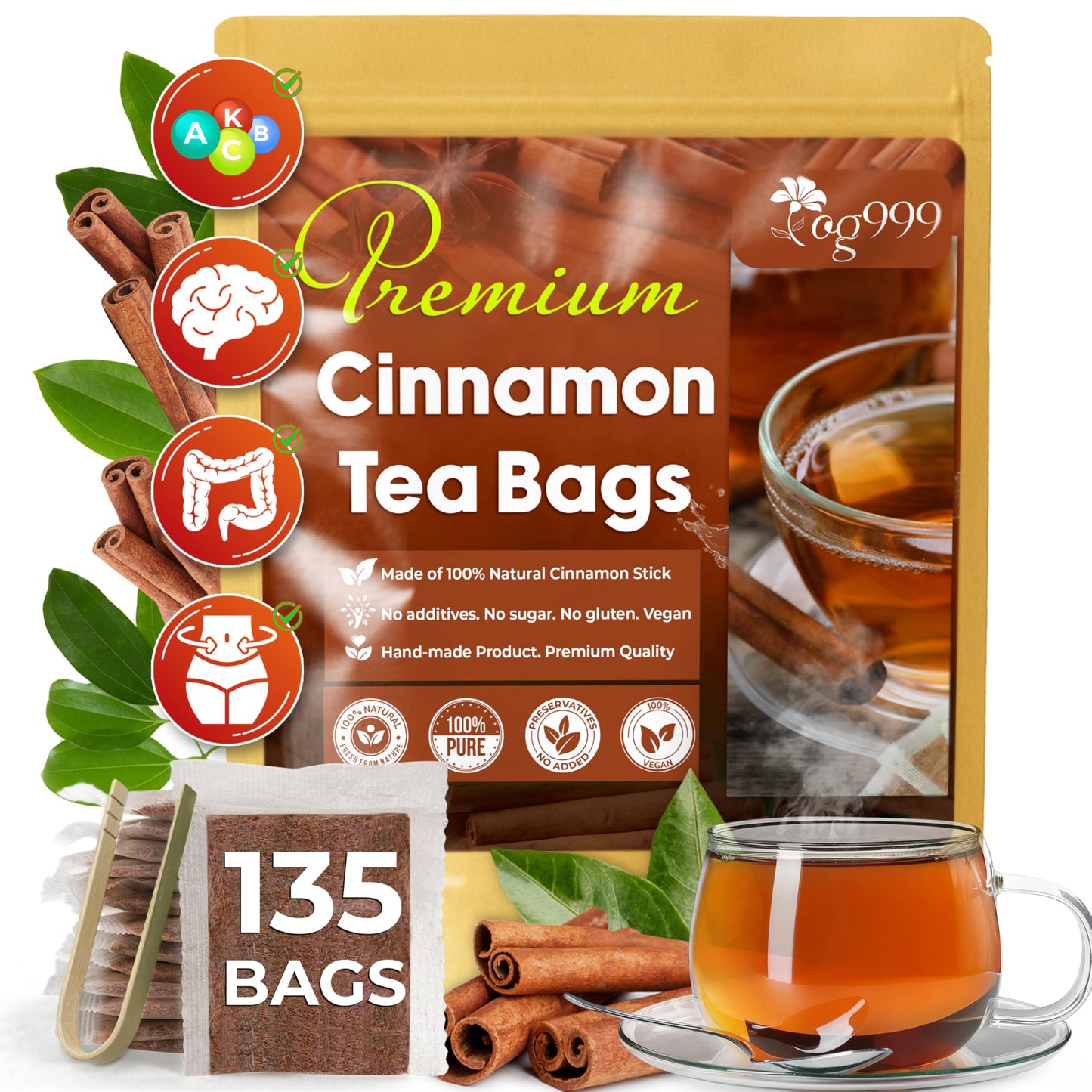 TOG999  enhanced 135 Tea Bags - Special Cinnamon Tea  100% Natural & Pure. Cinnamon Stick Herbal Spice Tea. No Sugar  No Caffeine  No Gluten  Vegan.