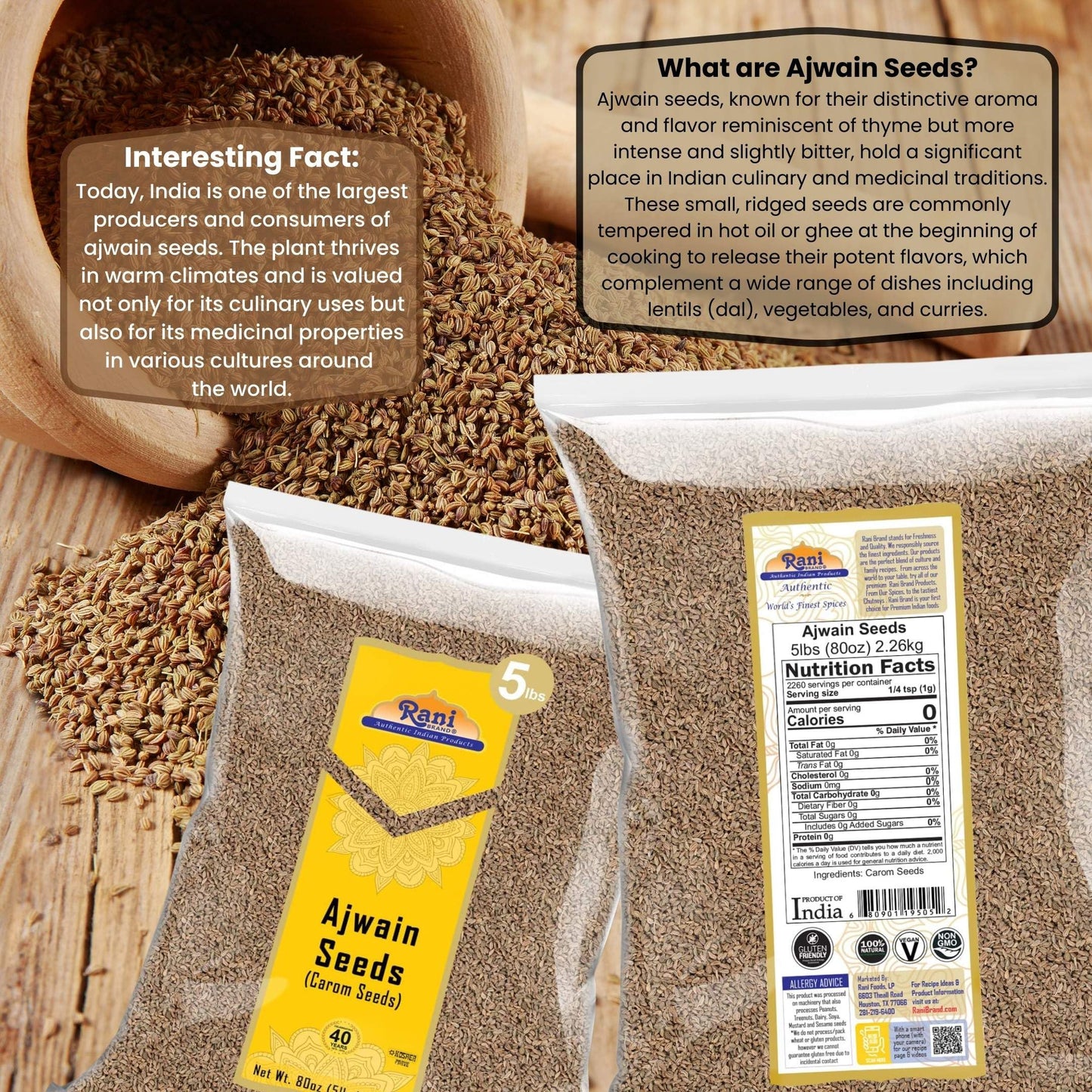 Rani Ajwain Seeds Whole - 80oz (5lbs) Bulk, All Natural, Vegan, Gluten Friendly, NON-GMO, Kosher, Indian Origin