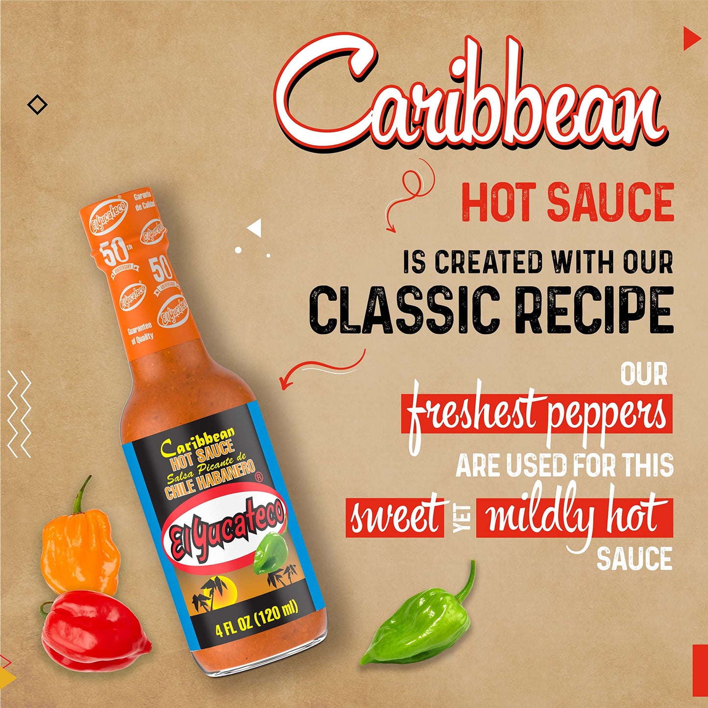 El Yucateco Caribbean Habanero Sauce, 4 Oz., 6 Pack, 7,000 Average Scoville Units, Gluten Free, Sugar Free