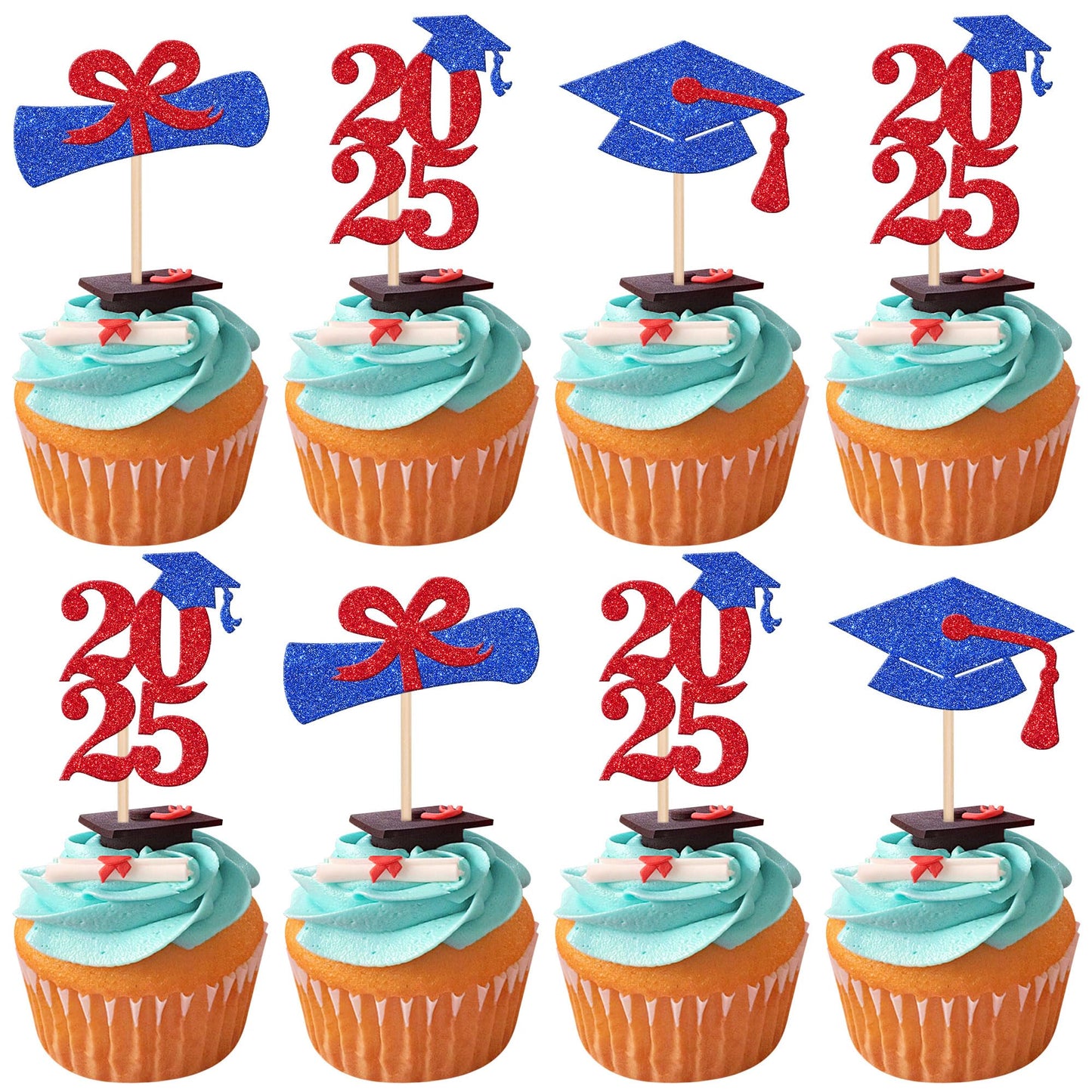 ZHUOWEISM 24 PCS Graduation Cupcake Toppers Glitter Paper Picks Blue Red for Class of 2025 Party Decorations