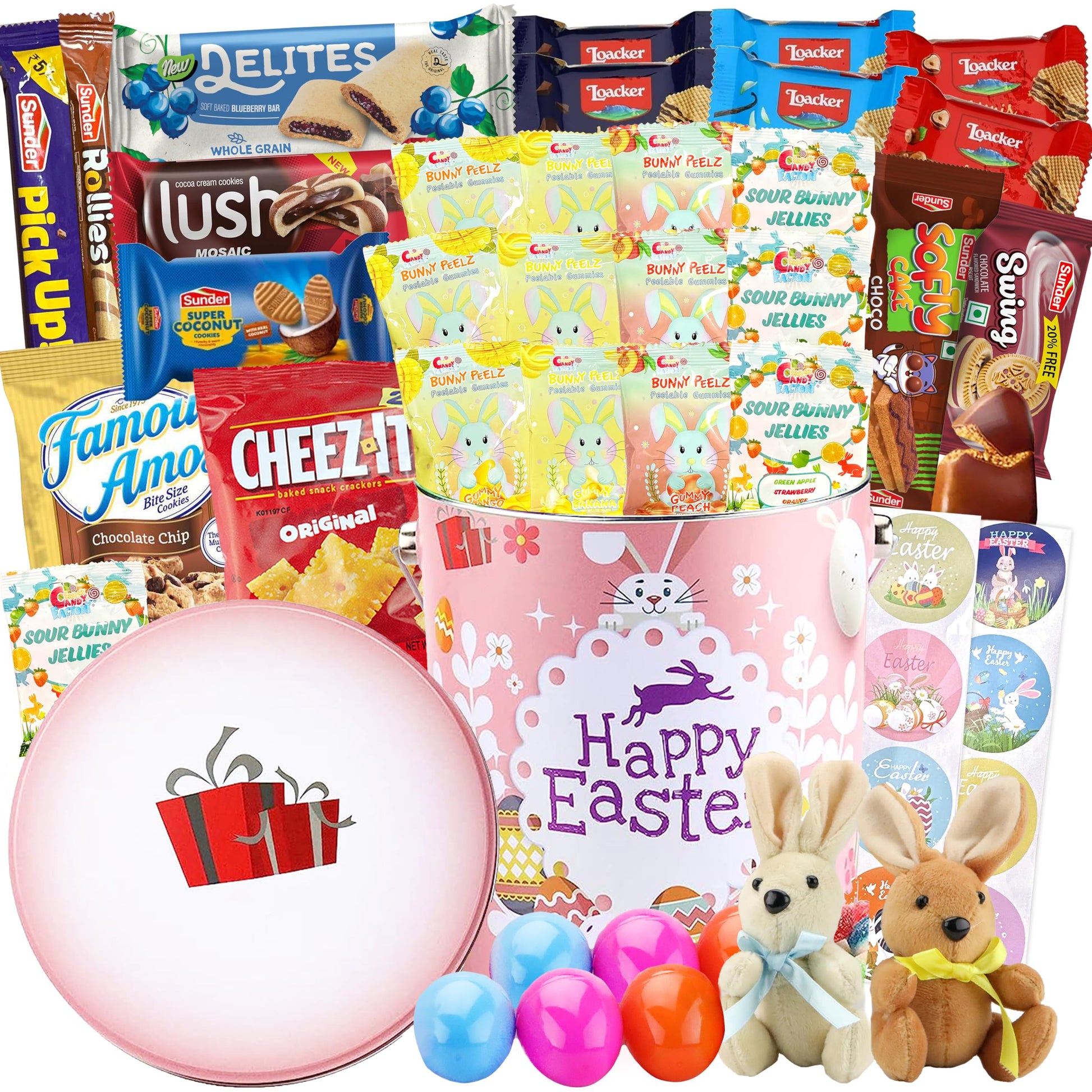 Easter Snack Pink Tin (46 Count) Filled with Candy, Peelable Gummies, Bunny and More, Great Package for Family, Friends, Boys an