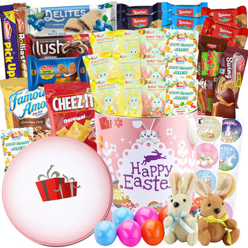 Easter Snack Pink Tin (46 Count) Filled with Candy, Peelable Gummies, Bunny and More, Great Package for Family, Friends, Boys an