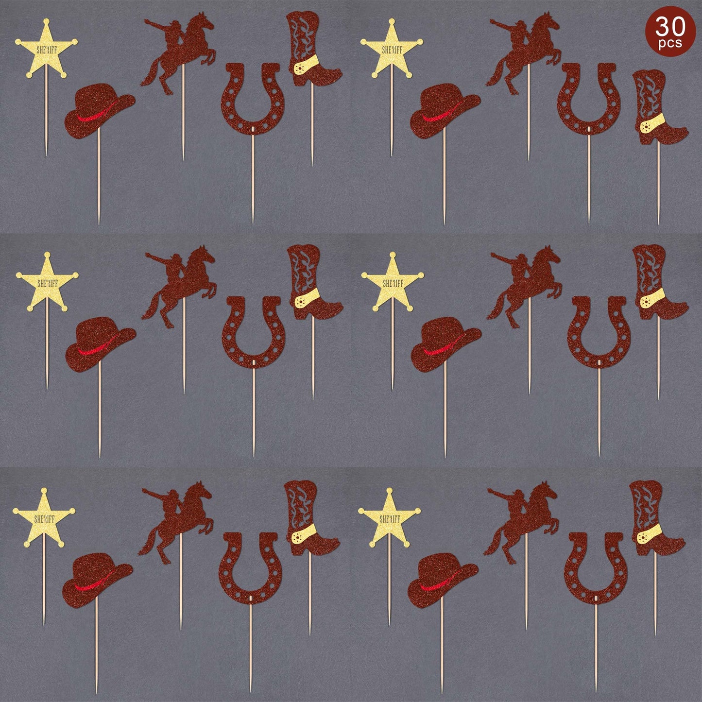 Gexolenu 30 Pcs Cowboy Cupcake Toppers 5 Shapes Glitter Double-Sided Horseshoe Cowboy Hats Boots Cupcake Picks For Western Theme
