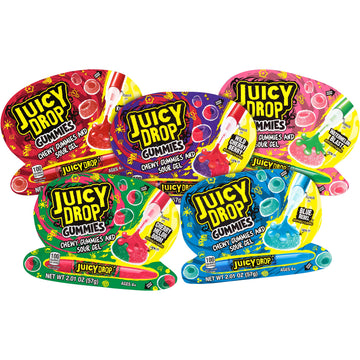 Juicy Drop Gummies Variety Pack, Assorted Sweet Chewy Halloween Candy with Sour Gel Pen - 16 Count Sweet & Sour Candy with Fruit