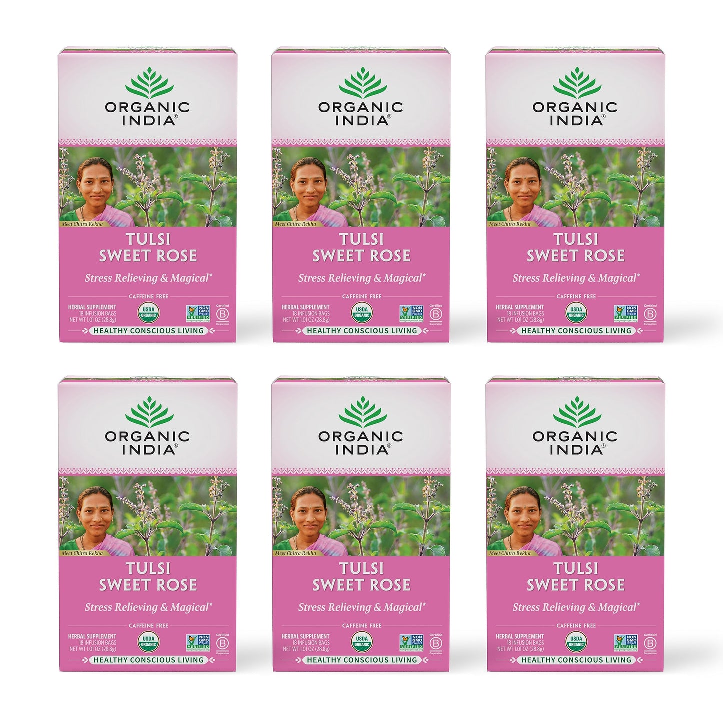 Organic India Tulsi Sweet Rose Herbal Tea, Caffeine-Free, 18 Infusion Bags, Pack of 6
