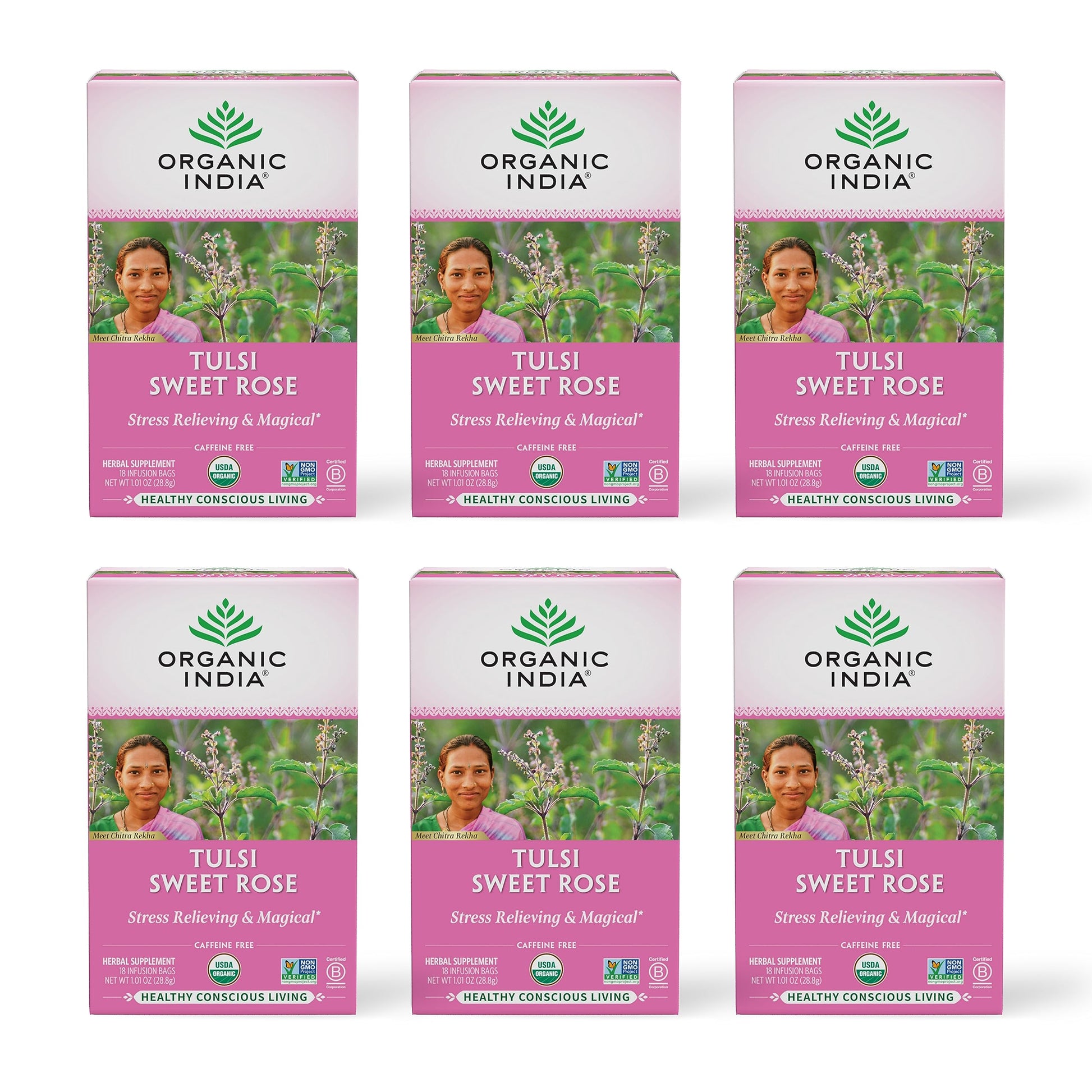 Organic India Tulsi Sweet Rose Herbal Tea, Caffeine-Free, 18 Infusion Bags, Pack of 6