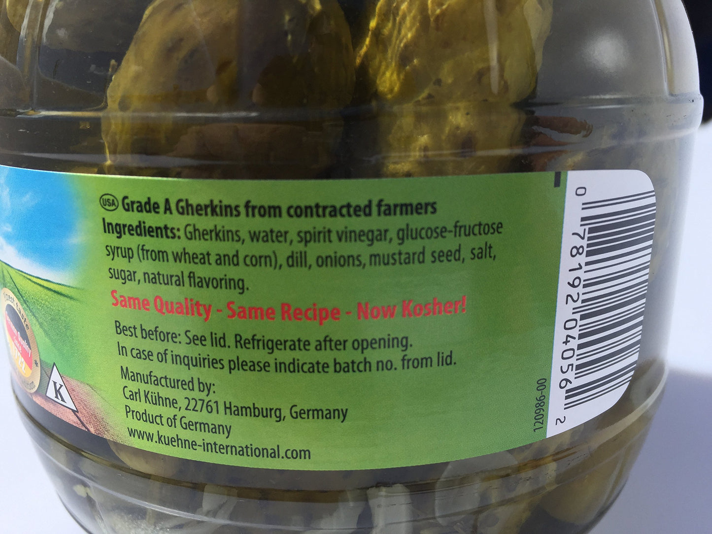 Kuehne (Former Gundelsheim) Kosher Pickle In Glas Barrel Jar 1062 Ml - 34.2 Fl Oz