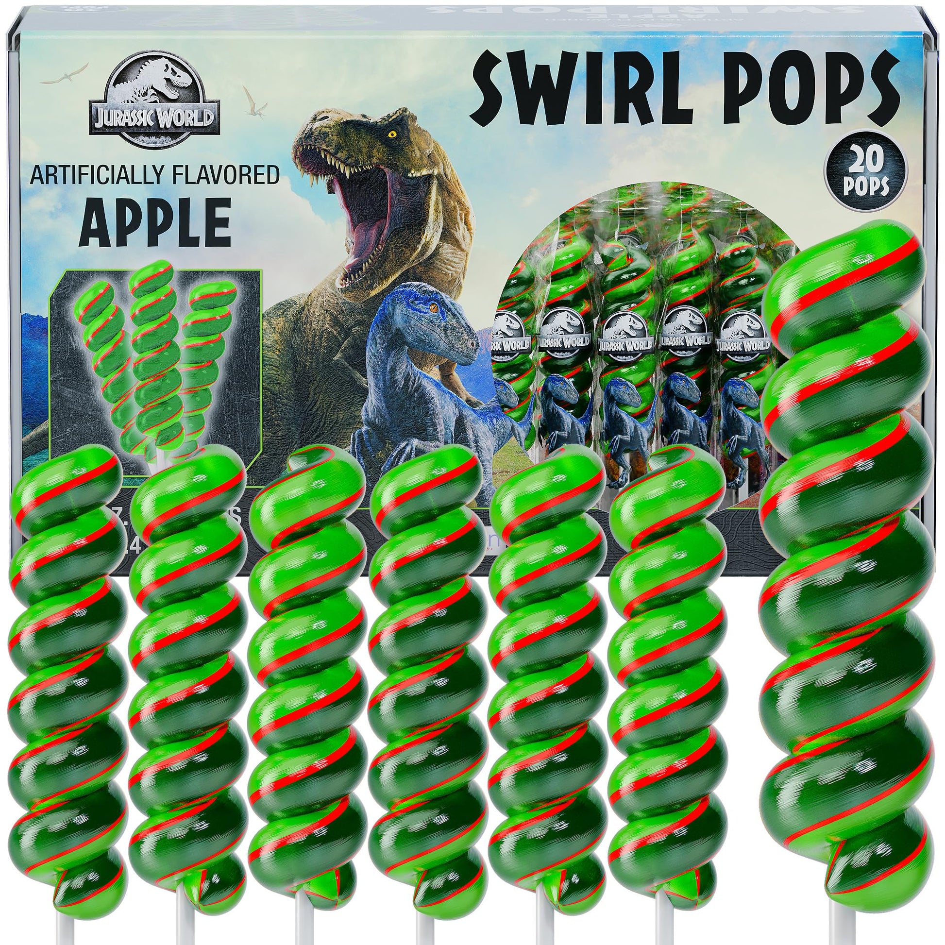 Jurassic World Lollipops Swirl 20pk- Jurassic World Candy For Dinosaur Party Favors & Jurassic World Party Favors - Dinosaur Can