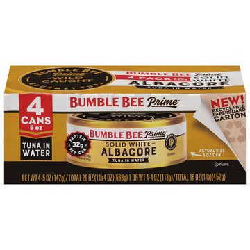 Bumble Bee Prime Solid White Albacore Tuna in Water, 5 oz Cans (Pack of 4) - Premium Wild Caught Tuna - 32g Protein per Serving 