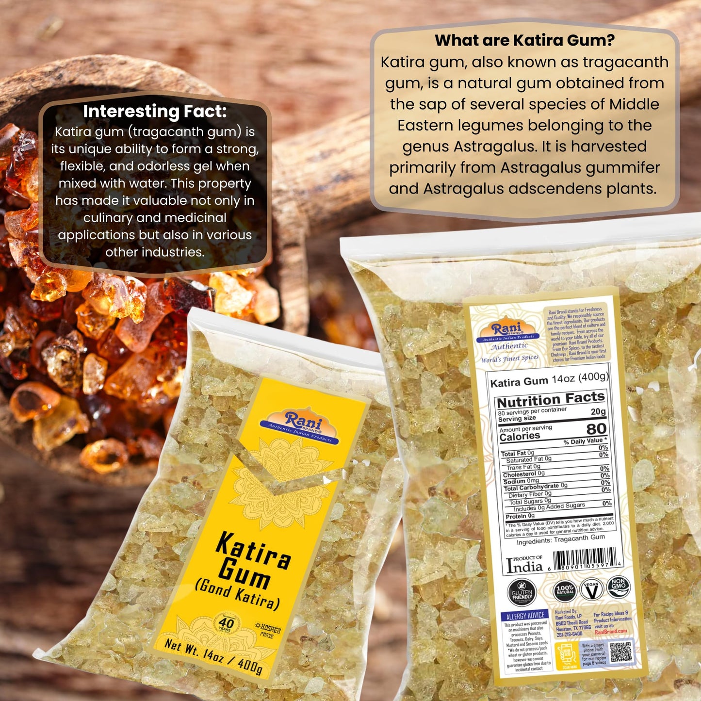 Rani Edible Gum Whole (Goonder Tragacanth Gum) 14oz - All Natural, Vegan, Gluten Friendly, NON-GMO, Indian Origin