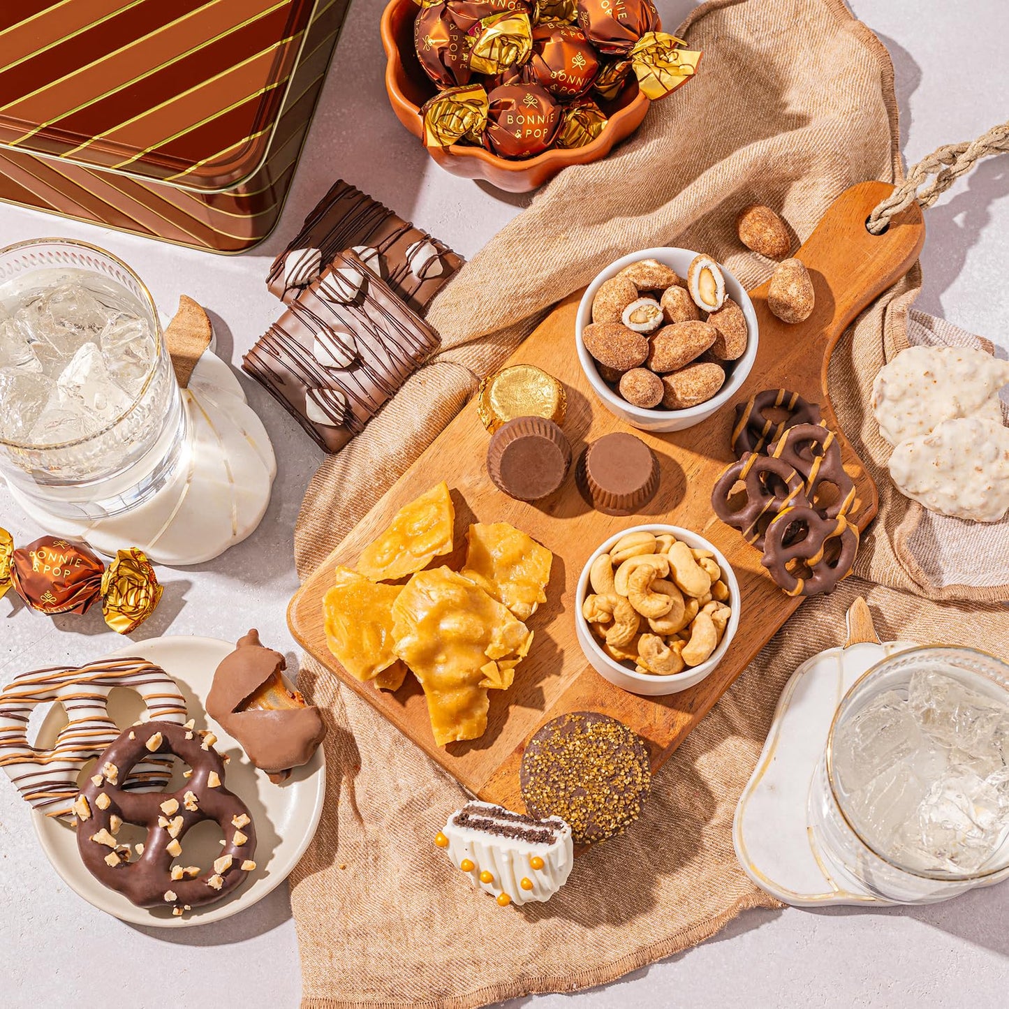 Holiday Chocolate Gift Basket– Thanksgiving Snack Box With Covered Pretzels, Oreos, Nuts & Sweets – Gourmet Food Gift Tin For Christmas, Families, Men, Women, Clients- Bonnie And Pop
