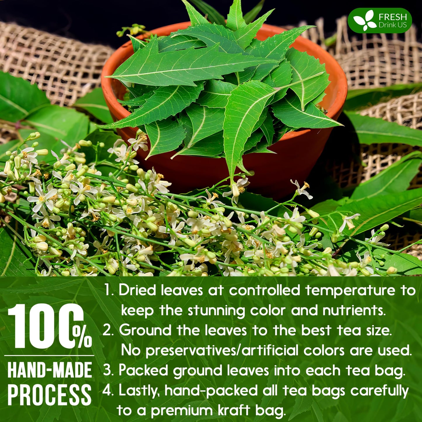 Freshdrinkus, Enhanced 33 Neem Leaf Tea Bags, 100% Natural And Pure From Neem Leaves. Herbal Tea. No Sugar, No Caffeine, No Gluten, Vegan.