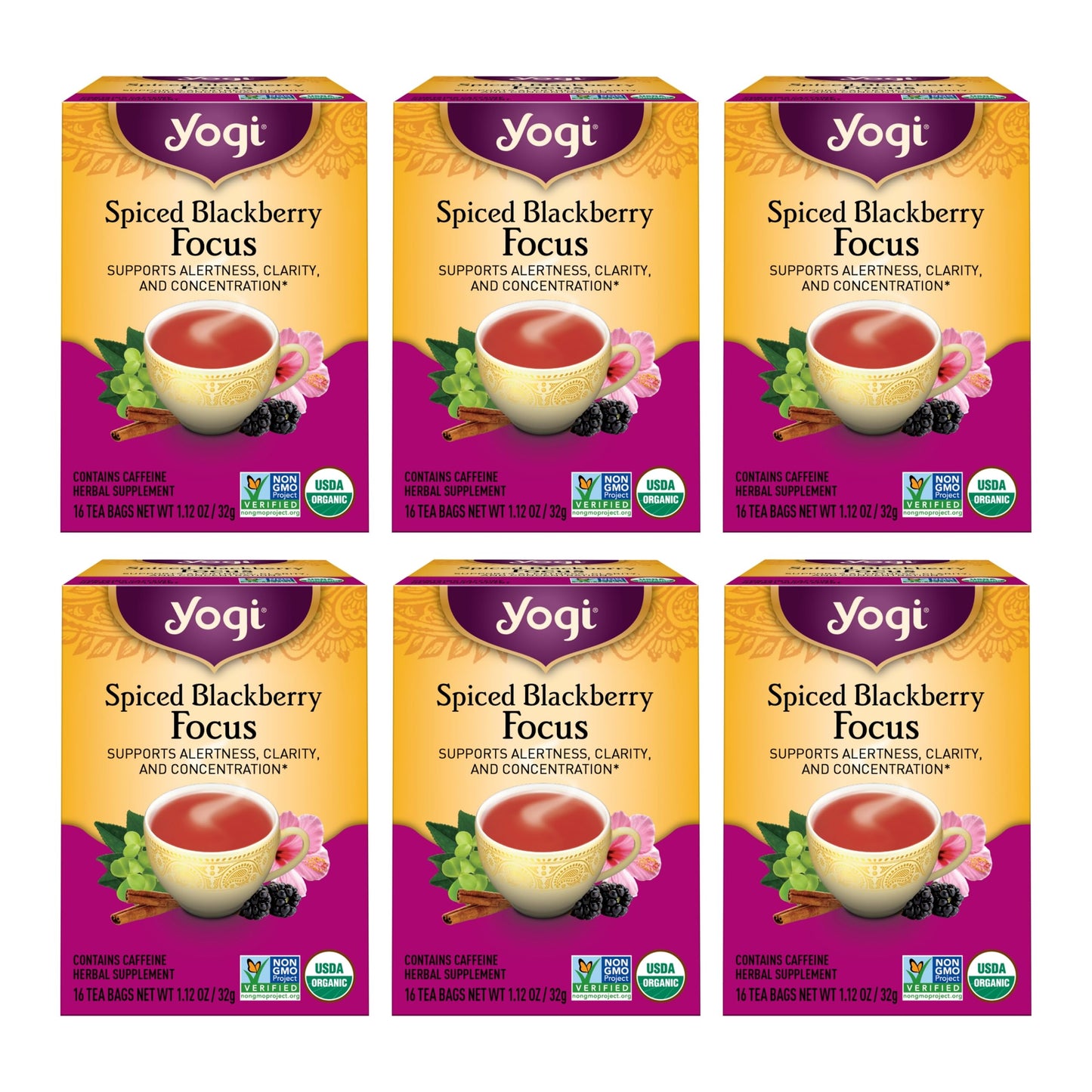 Yogi Spiced Blackberry Focus Tea, Vegan Friendly, Kosher, USDA Certified Organic, Non-GMO, 16 Tea Bags (Pack of 6)