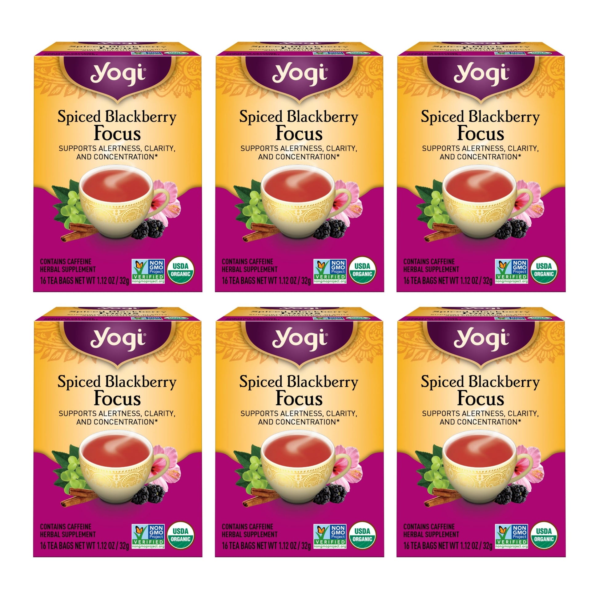 Yogi Spiced Blackberry Focus Tea, Vegan Friendly, Kosher, USDA Certified Organic, Non-GMO, 16 Tea Bags (Pack of 6)